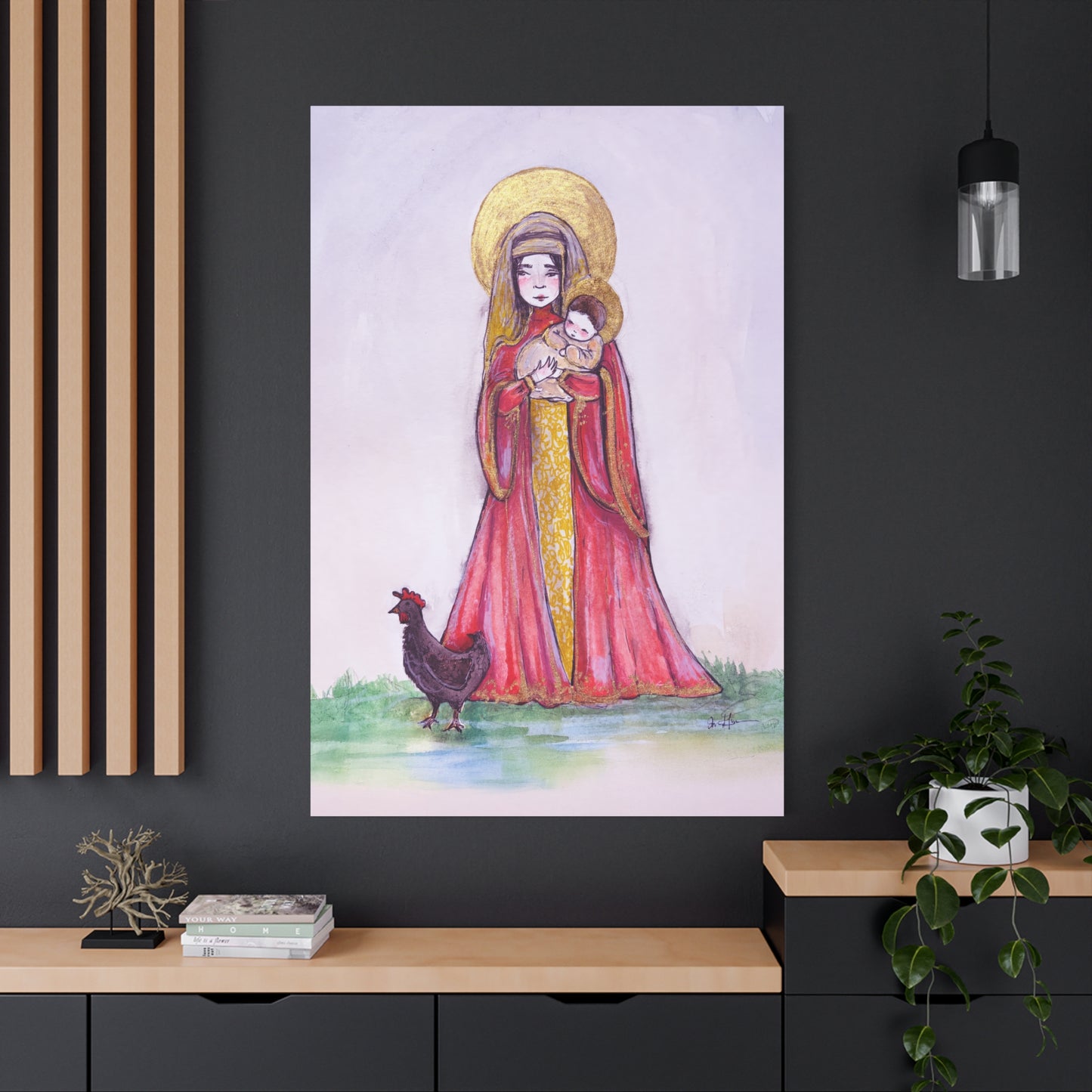 Our Lady of the Hens Catholic Canvas Print | Virgin Mary and Child Sacred Art | Hand-Drawn Watercolor Marian Wall Art