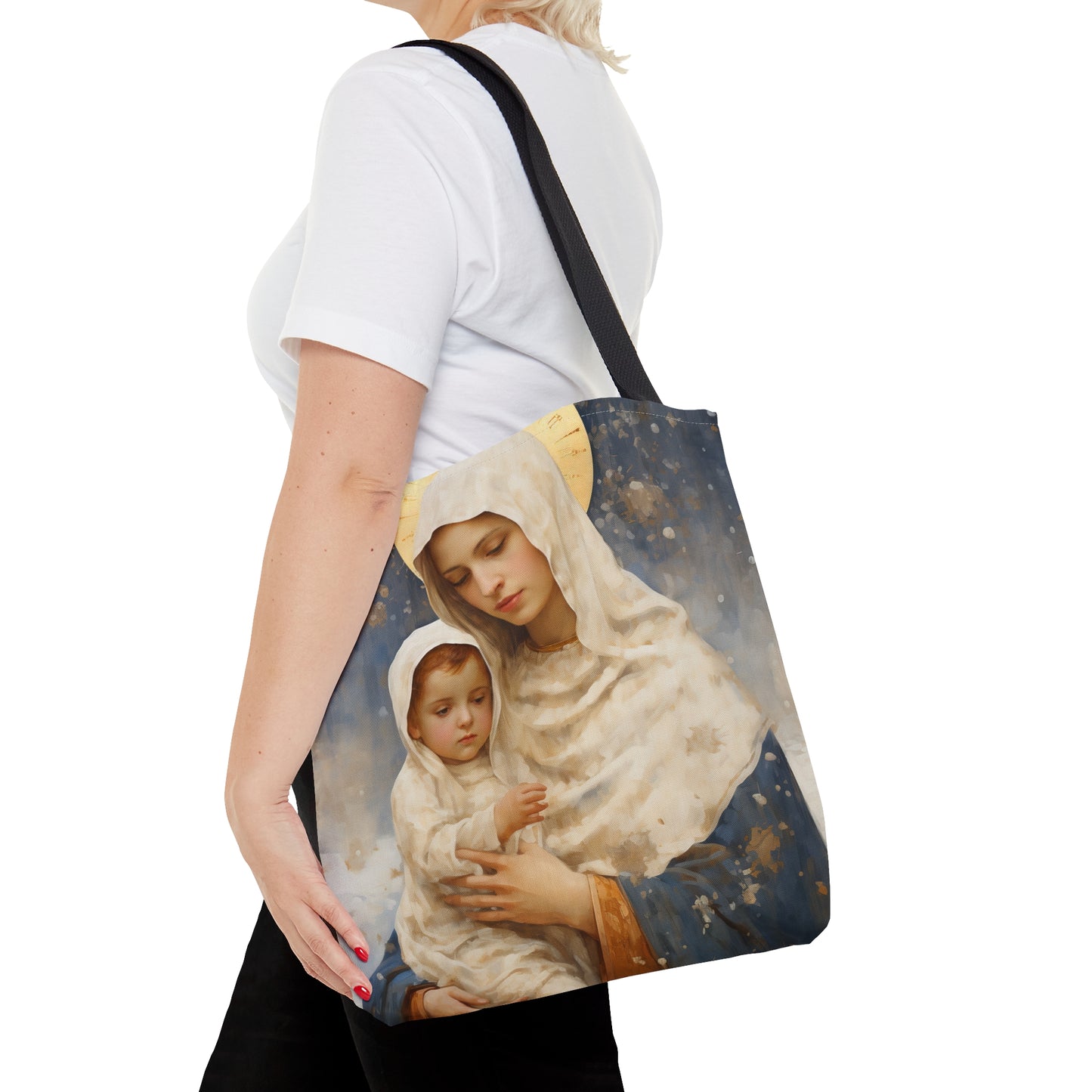 Winter's Grace : Our Lady of the Snows Tote Bag - Catholic faith inspired carry-all purse - day to day bag - Double Sided