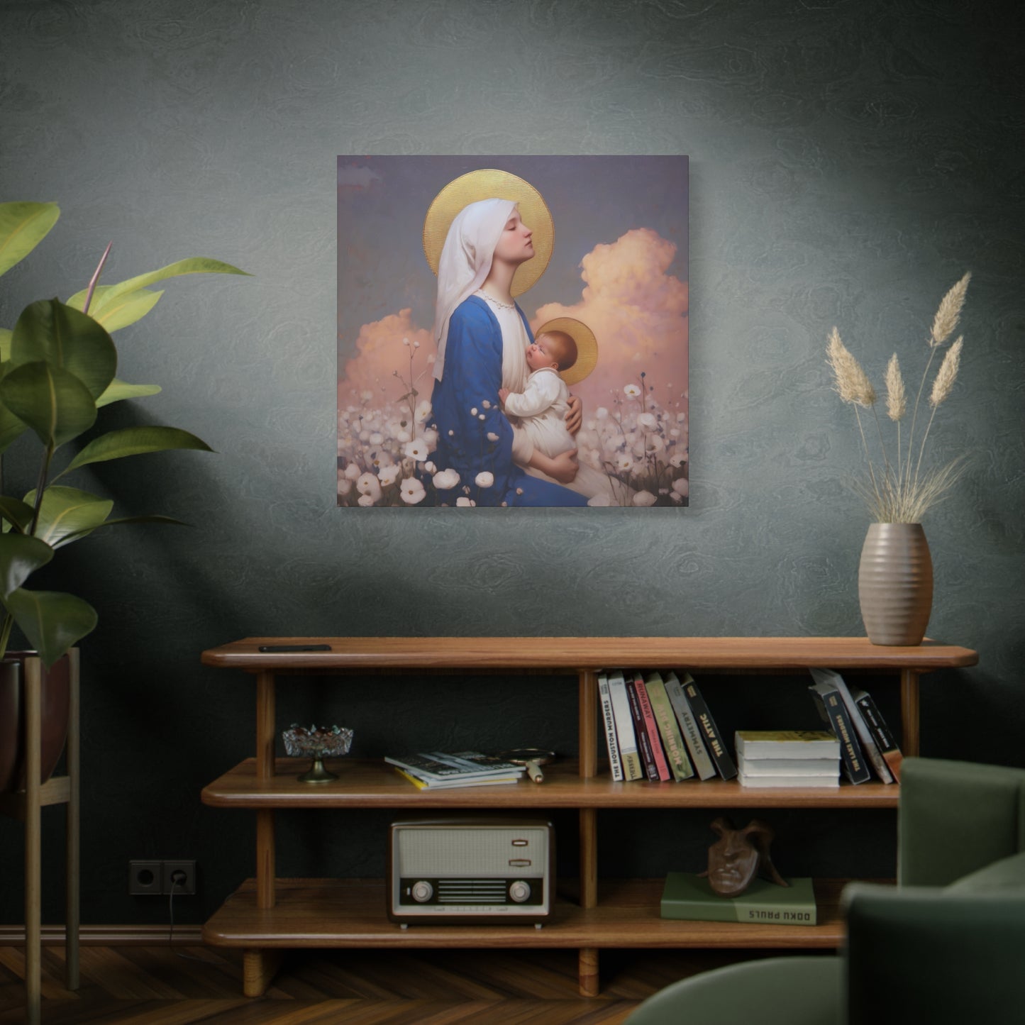 Mother Mary - Our Lady Among the Flowers - Museum Wrapped Canvas - Sanctified Souls Print - Religious Art for your Home - Catholic Mother Mary Art