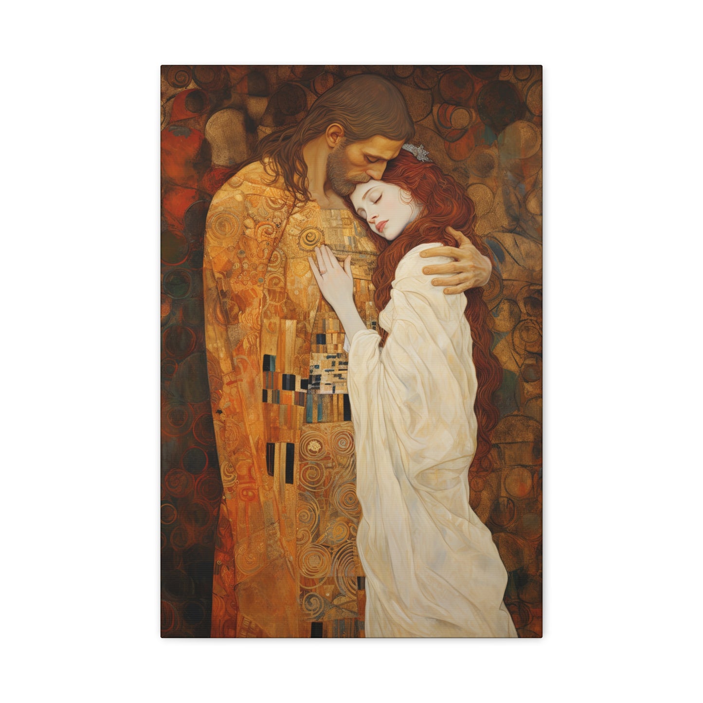 Transcendent Devotion: Christ Embracing Mary Magdalene Museum Wrapped Canvas - Sanctified Souls Print - Based on Klimt's The Kiss