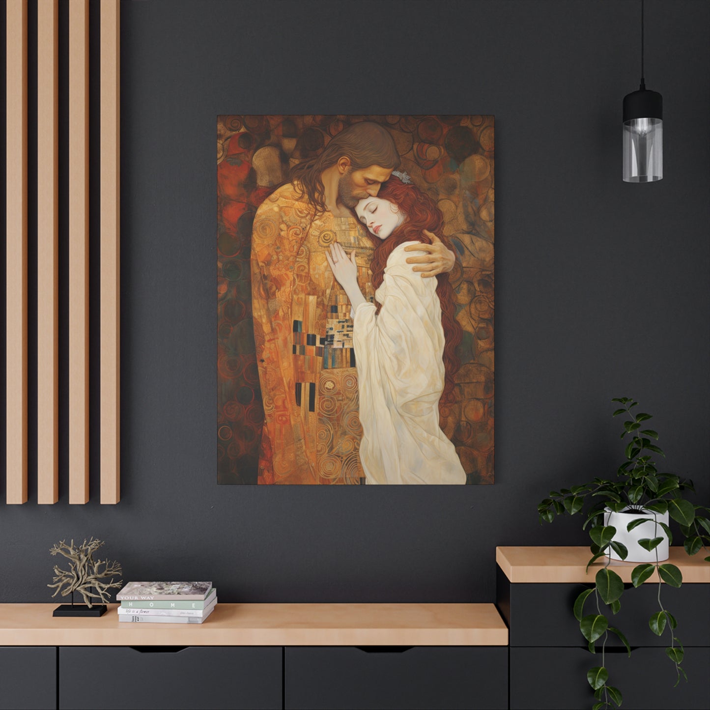 Transcendent Devotion: Christ Embracing Mary Magdalene Museum Wrapped Canvas - Sanctified Souls Print - Based on Klimt's The Kiss