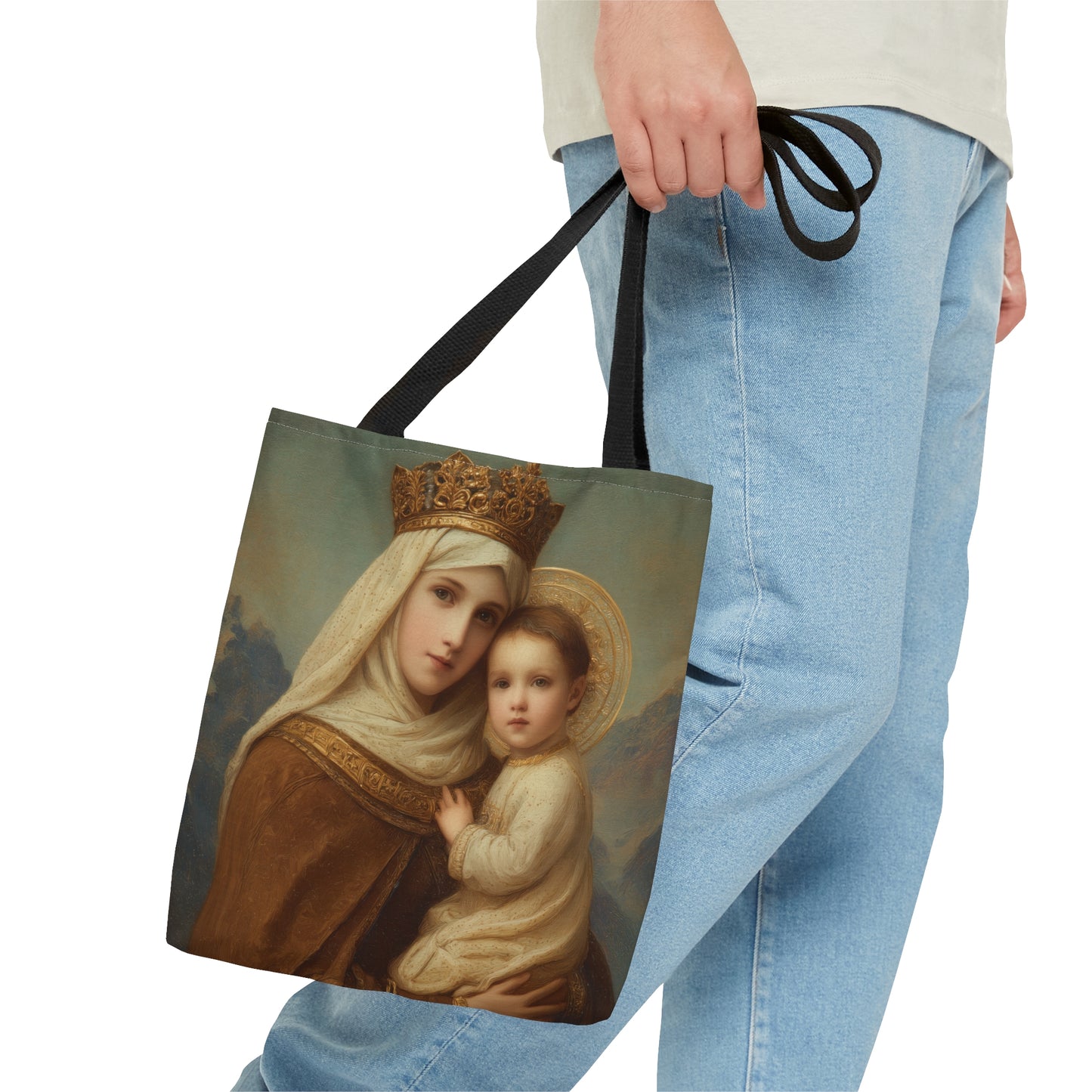 A Cord Between Heaven and Earth - Our Lady of Mount Carmel Tote Bag - Large Medium Small Faith Art Bag - Catholic Faith Purse - Double Sided