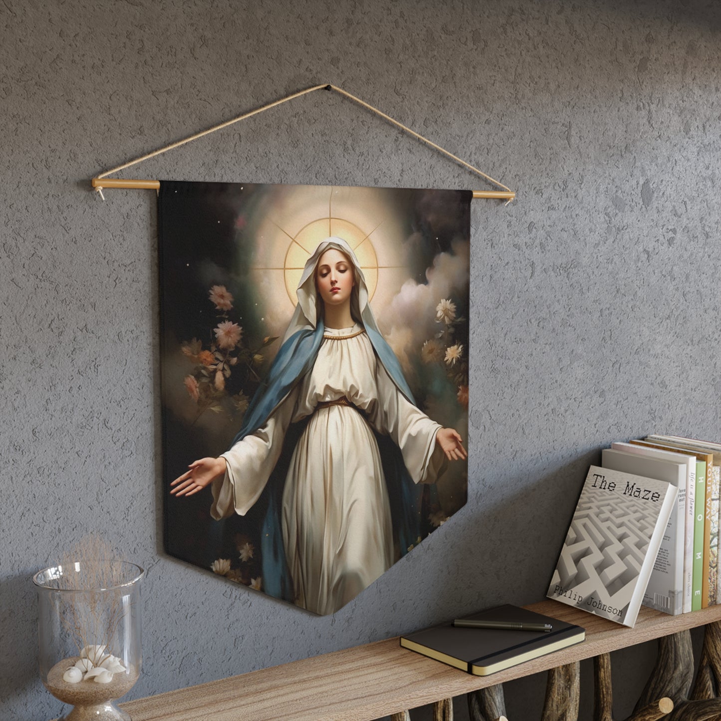Ethereal Beauty - The Immaculate Mother Wall Banner / Wall Hanging - Prayer room art - Catholic Home Art - Virgin Mary Art - 18" x 21"