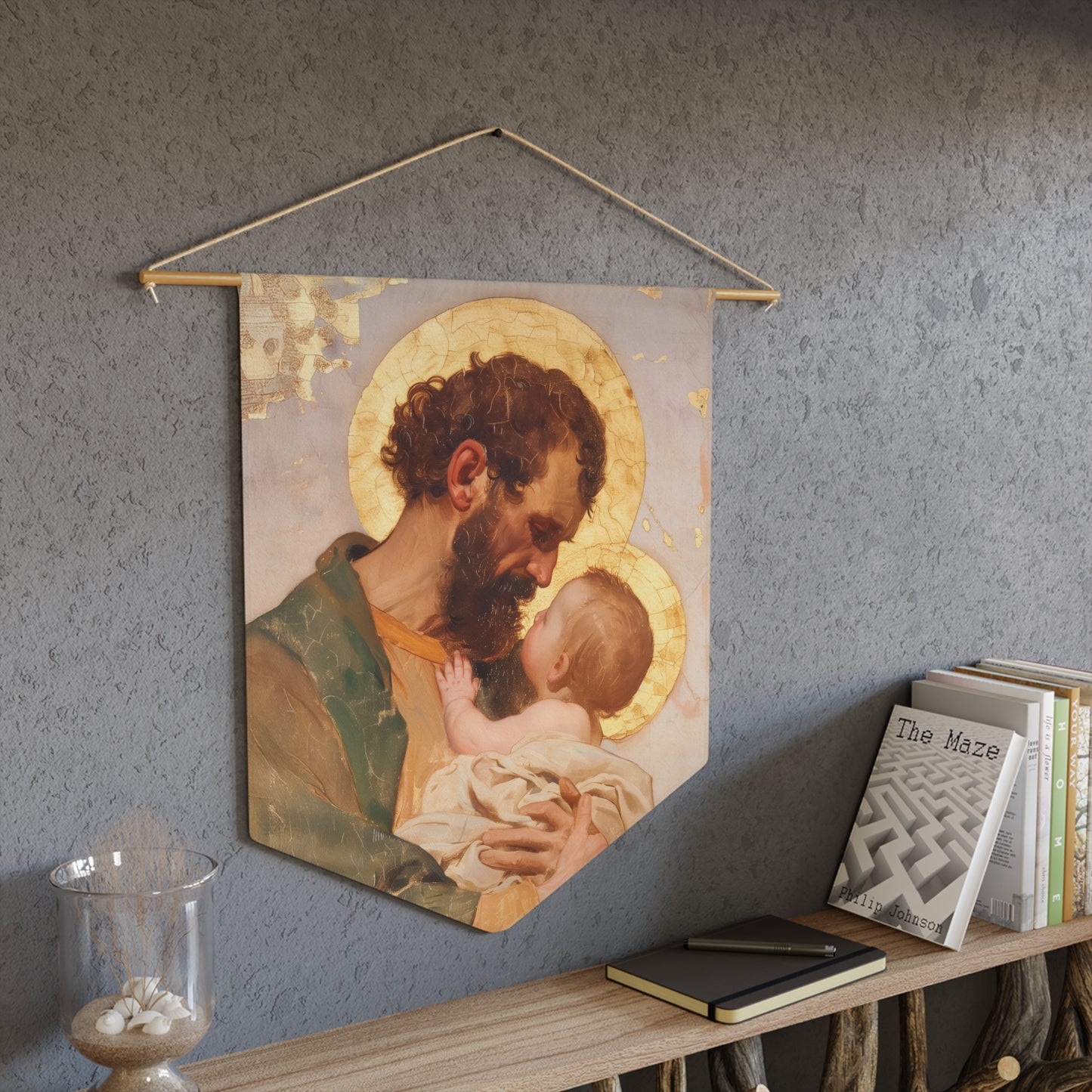 Saint Joseph, Pillar of the Holy Family - Pennant / Banner / Wall Hanging - Prayer room art - Catholic Home - 18" x 21"