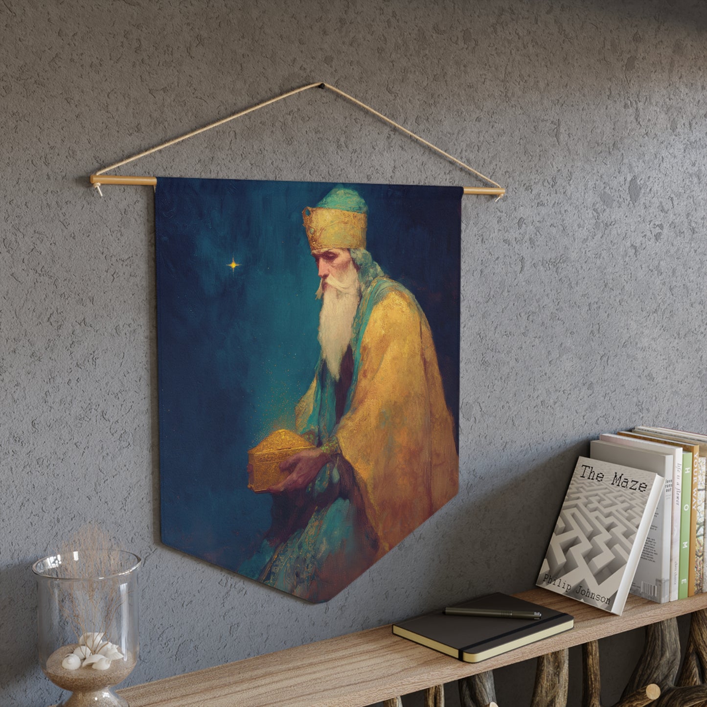 Caspar and the Offering of Worship - 3 Wise Men - Pennant / Banner / Wall Hanging - Prayer room - Catholic Art - Large - 18" x 21"