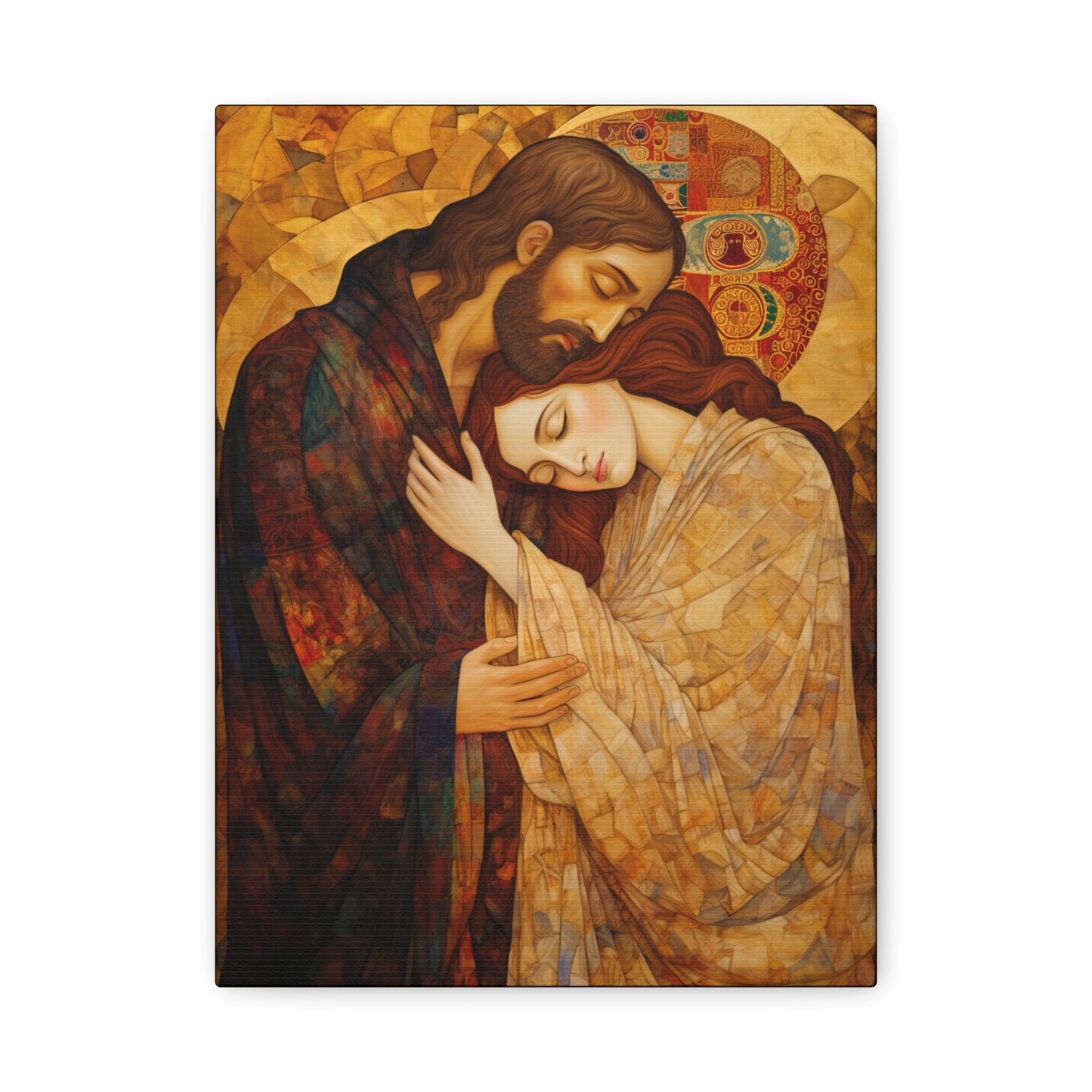 Healing Love- The Embrace of Christ and Mary Magdalene Museum Wrapped Canvas - Sanctified Souls Print -Based on Klimt's The Kiss