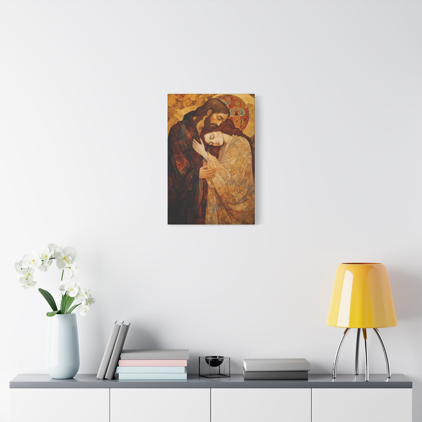 Healing Love- The Embrace of Christ and Mary Magdalene Museum Wrapped Canvas - Sanctified Souls Print -Based on Klimt's The Kiss