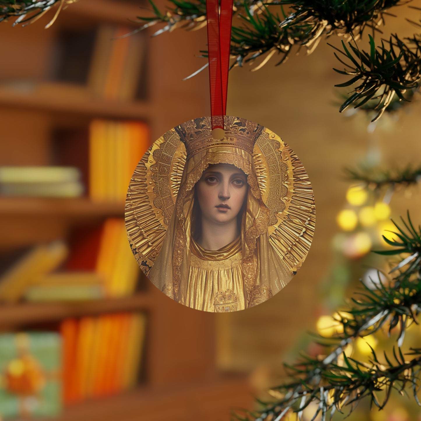 Golden Mary - Radiant Tribute to Our Lady of the Gate of Dawn Metal Ornament - Religious Holiday Christmas Ornament and Keepsake