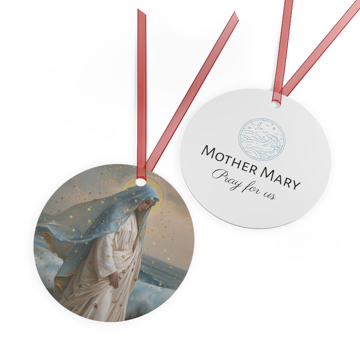 Ocean's Embrace - Devotion to Our Lady Metal Ornament - Religious Holiday Christmas Ornament - Double sided - Our Lady Star of the Sea