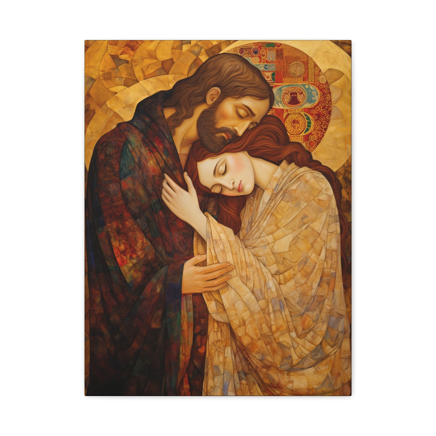 Healing Love- The Embrace of Christ and Mary Magdalene Museum Wrapped Canvas - Sanctified Souls Print -Based on Klimt's The Kiss