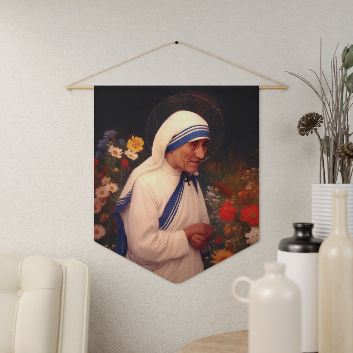 Saint Teresa of Calcutta Pennant / Banner / Wall Hanging - Prayer room art - 18" x 21" - Catholic - Large Banner