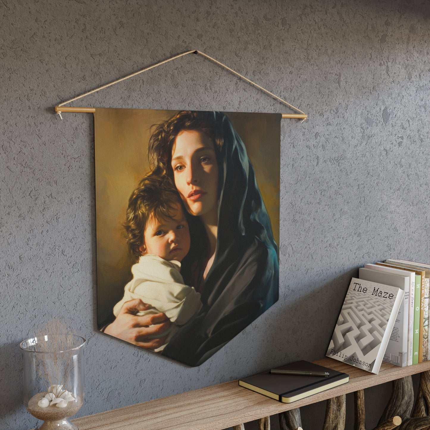 A mother's Gentle Embrace - Mary and The Christ Child Pennant / Banner / Wall Hanging - Prayer room art - 18" x 21" - Catholic Religious