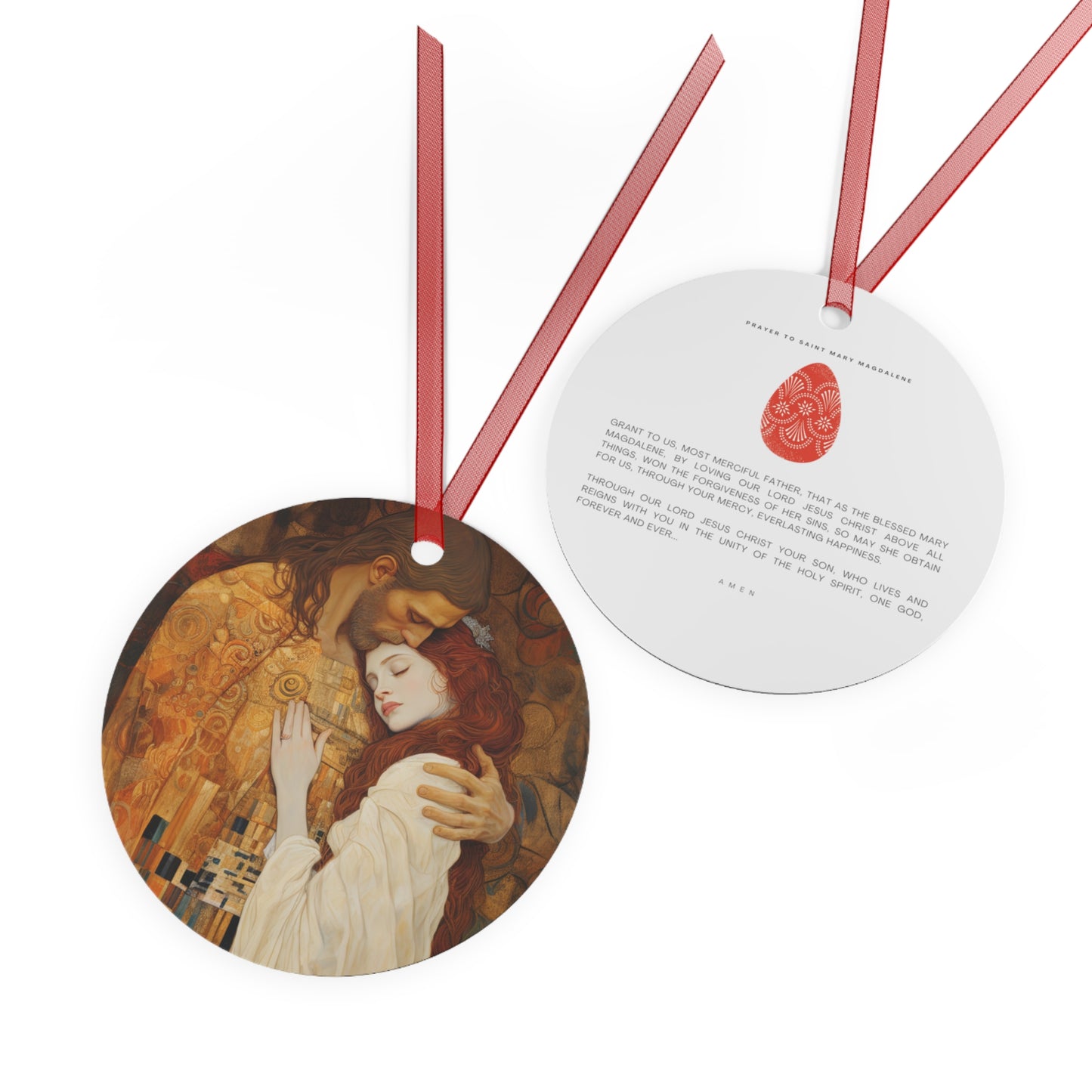Transcendent Devotion Metal Ornament - Religious Holiday Christmas Ornament and Keepsake - Double sided - Christ Embracing Mary Magdalene