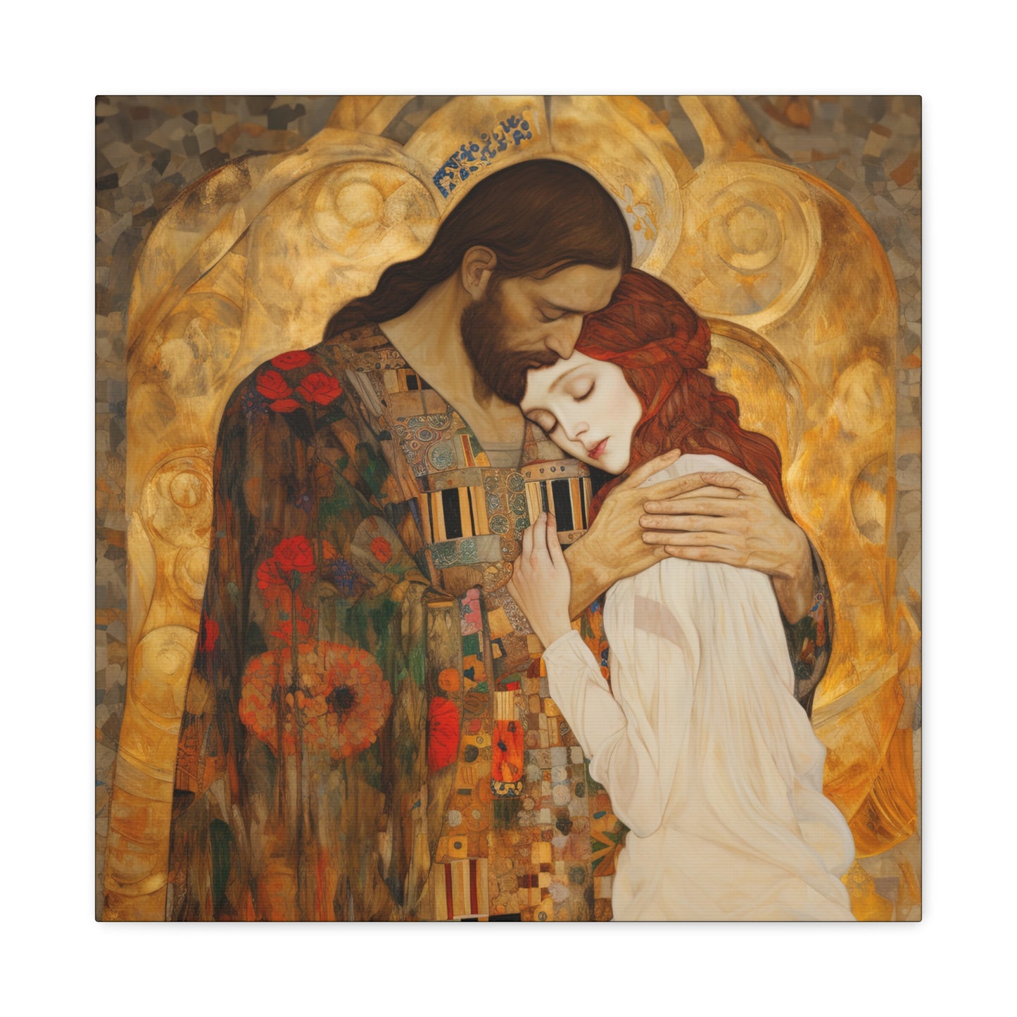 Christ Embracing Mary Magdalene Museum Wrapped Canvas - Sanctified Souls Print -Based on Klimt's The Kiss - Religious Catholic Art