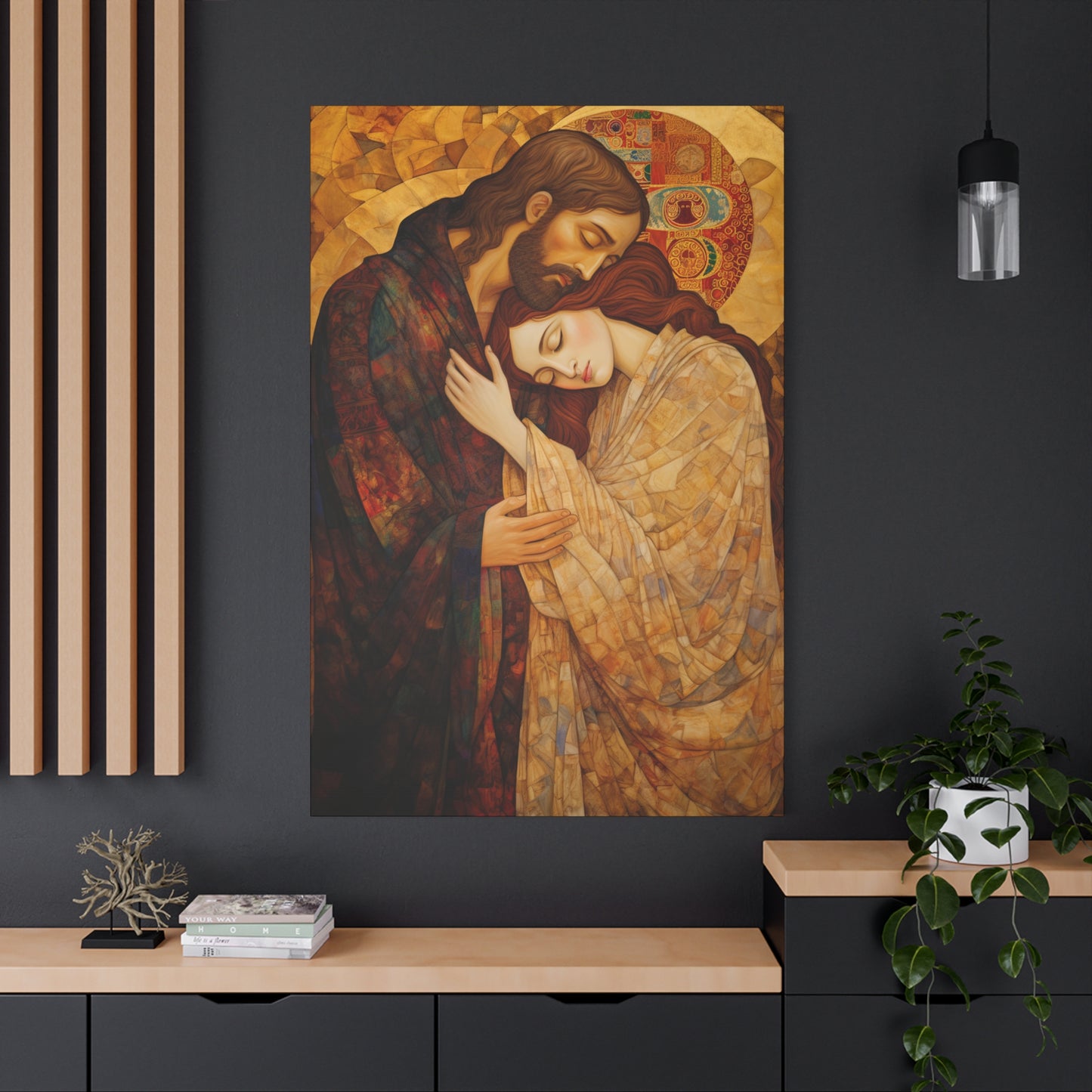 Healing Love- The Embrace of Christ and Mary Magdalene Museum Wrapped Canvas - Sanctified Souls Print -Based on Klimt's The Kiss