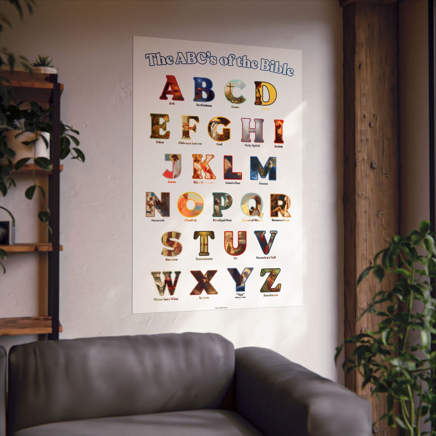 Bible ABC Poster - ABCs of the Bible Wall Art - Biblical People Places and Stories Chart - Christian Homeschool or Sunday School Decor