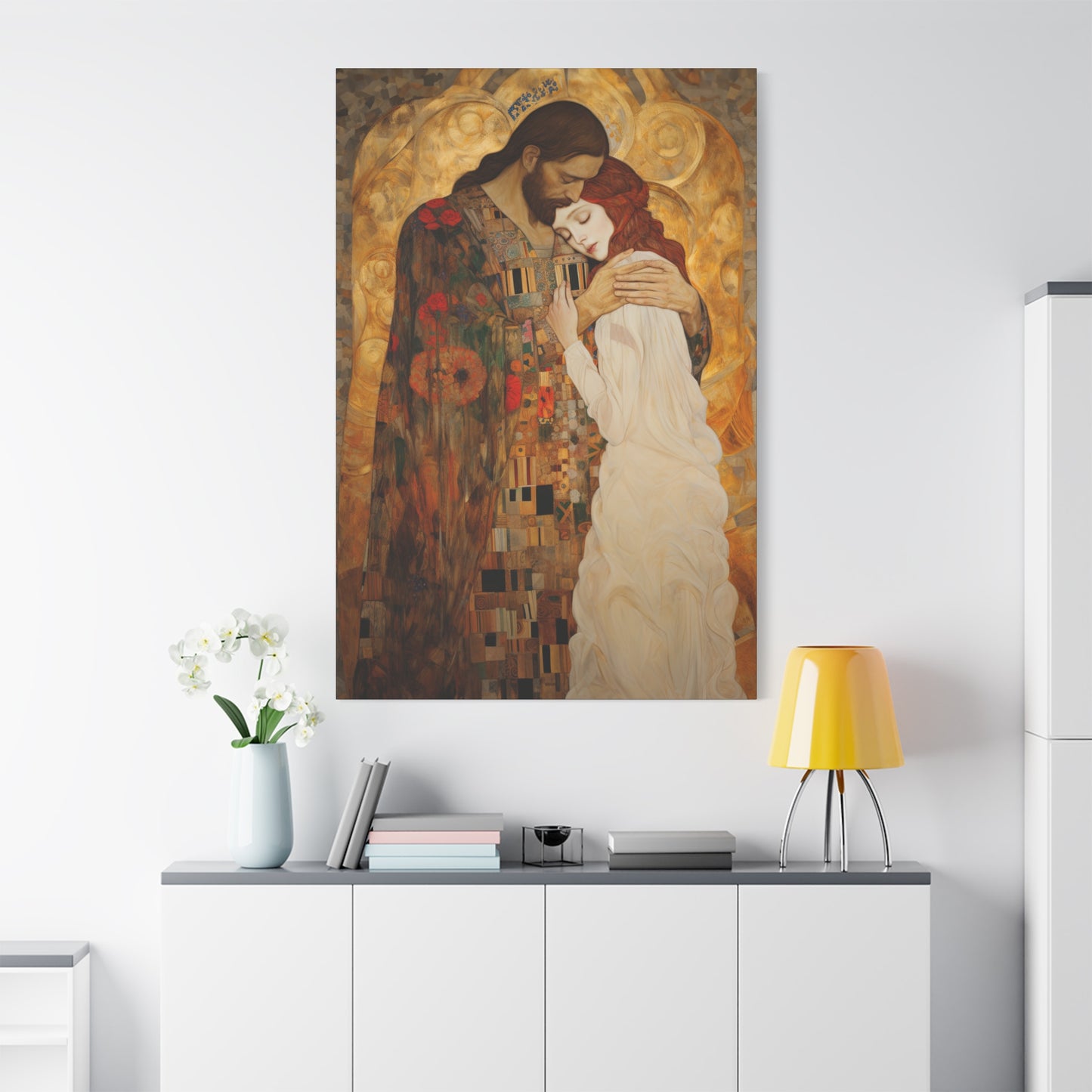 Christ Embracing Mary Magdalene Museum Wrapped Canvas - Sanctified Souls Print -Based on Klimt's The Kiss - Religious Catholic Art
