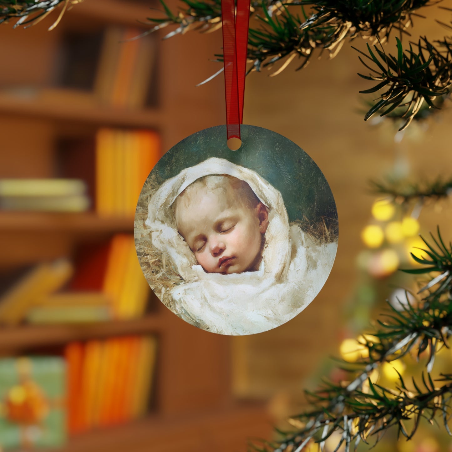 The Christ Child Resting in the Silence of the Manger - Metal Ornament - Religious Holiday Christmas Ornament and Keepsake