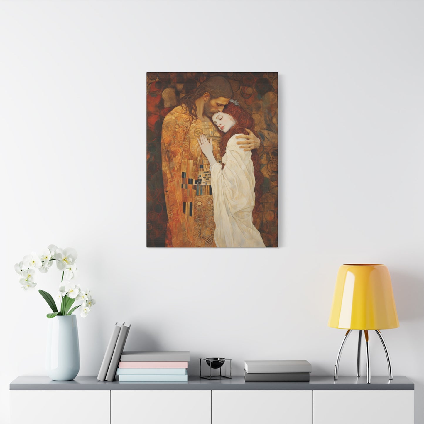 Transcendent Devotion: Christ Embracing Mary Magdalene Museum Wrapped Canvas - Sanctified Souls Print - Based on Klimt's The Kiss