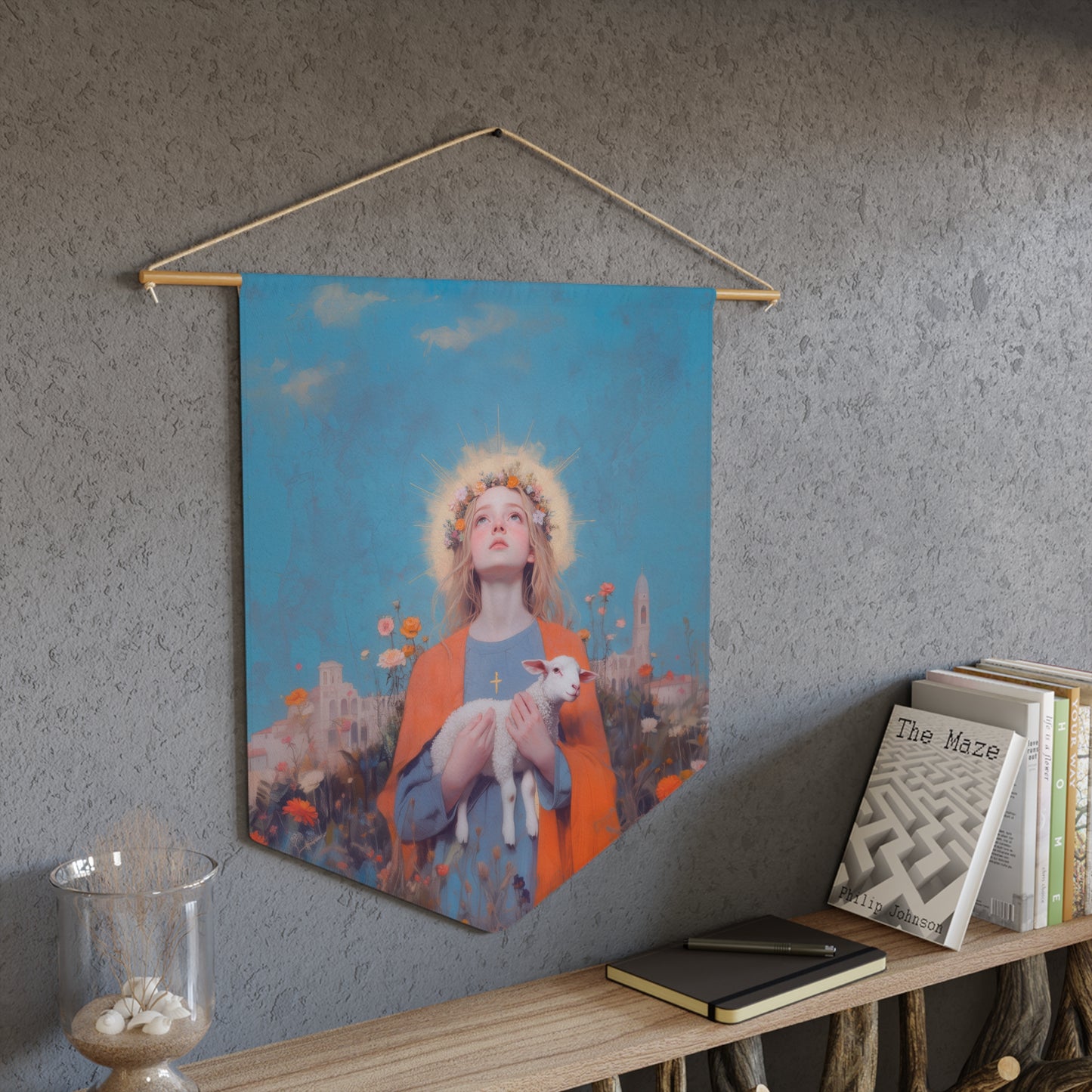 Saint Agnes of Rome Pennant / Banner / Wall Hanging - Prayer room art - 18" x 21" - Catholic - Large Banner