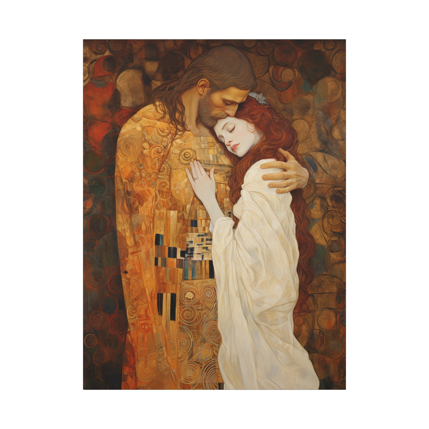 Transcendent Devotion: Christ Embracing Mary Magdalene Museum Wrapped Canvas - Sanctified Souls Print - Based on Klimt's The Kiss