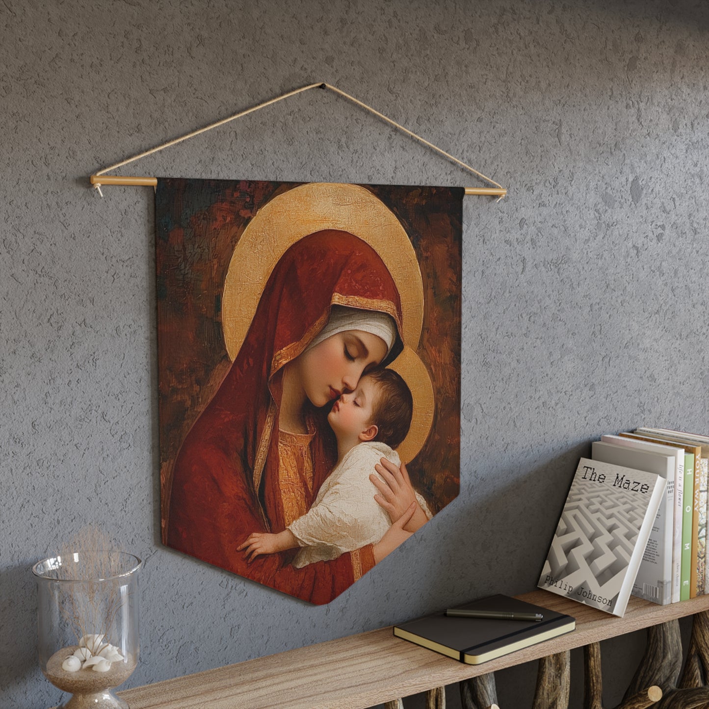 Our Lady of Tenderness - Mother Mary and the Christ Child - Marian Art - Pennant / Banner / Wall Hanging - Catholic Art - Large - 18" x 21"