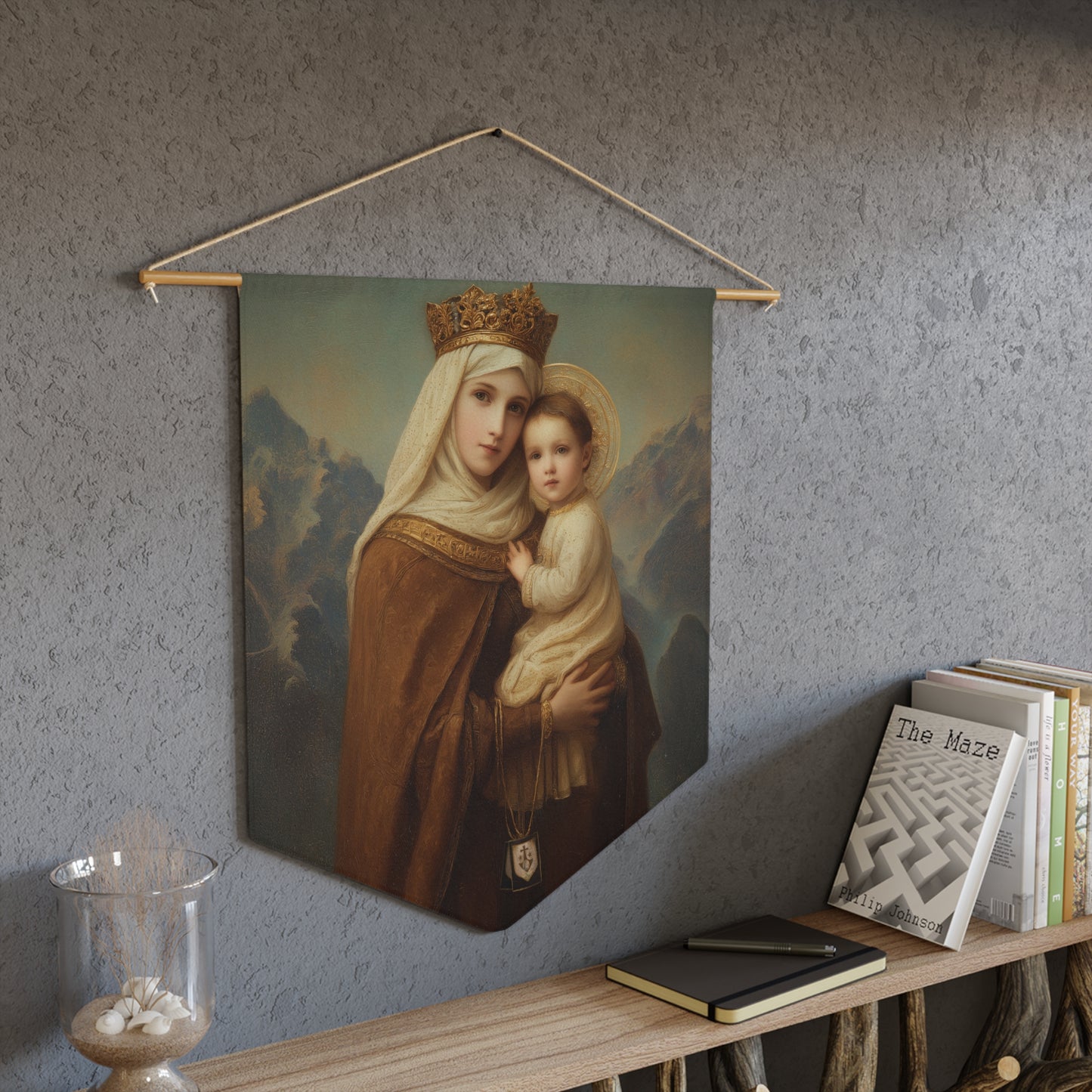 A Cord Between Heaven and Earth - Our Lady of Mount Carmel Pennant / Banner / Wall Hanging - Prayer room art - Catholic Home - 18" x 21"