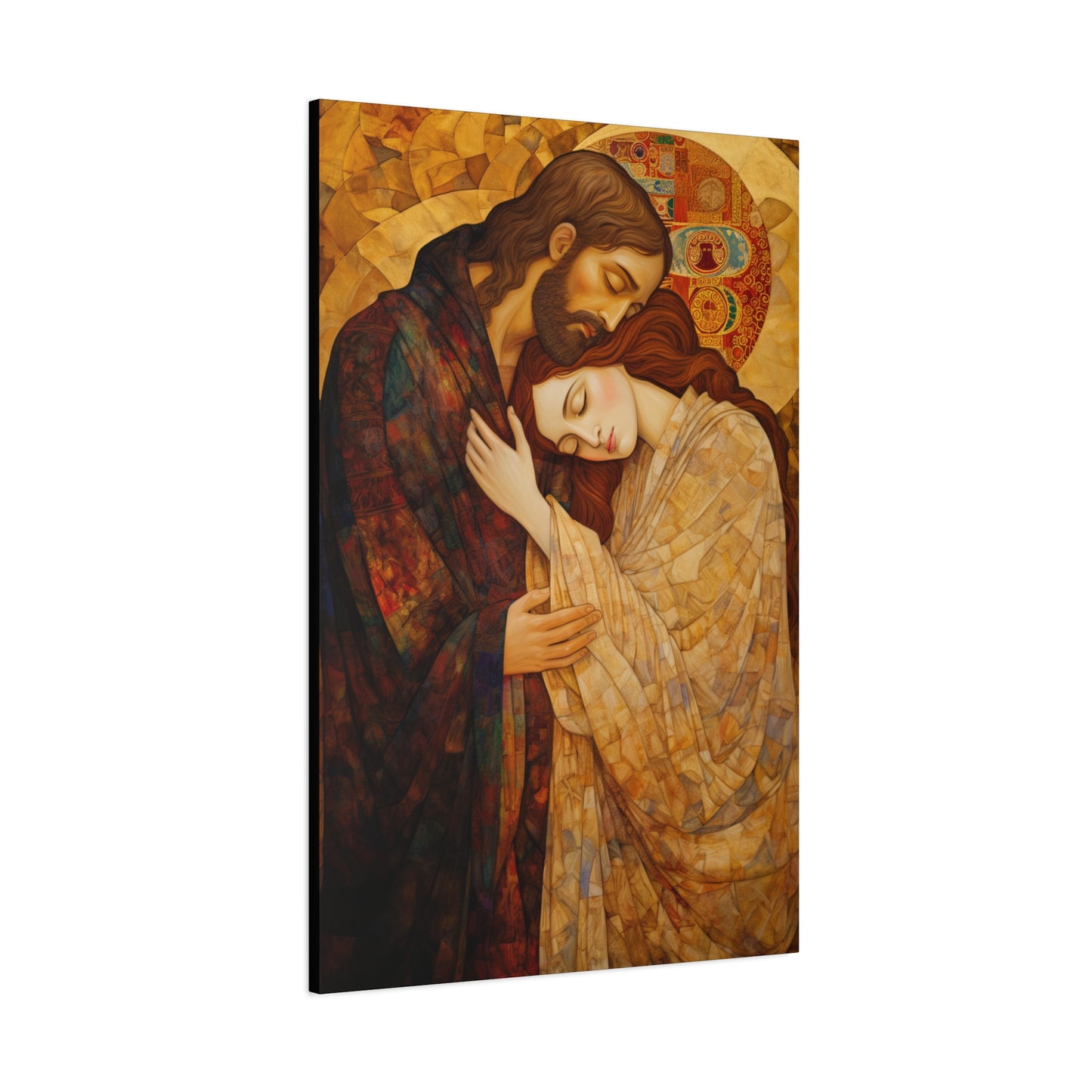 Healing Love- The Embrace of Christ and Mary Magdalene Museum Wrapped Canvas - Sanctified Souls Print -Based on Klimt's The Kiss