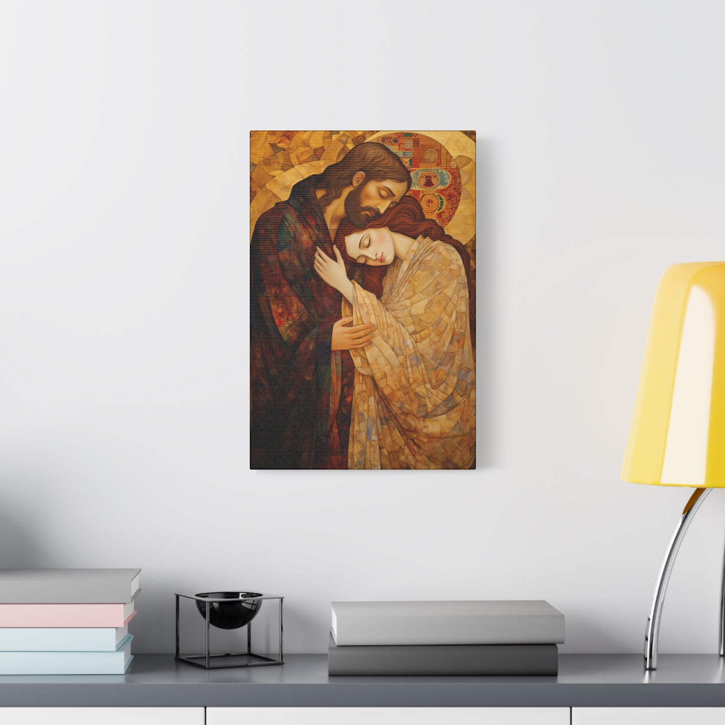 Healing Love- The Embrace of Christ and Mary Magdalene Museum Wrapped Canvas - Sanctified Souls Print -Based on Klimt's The Kiss