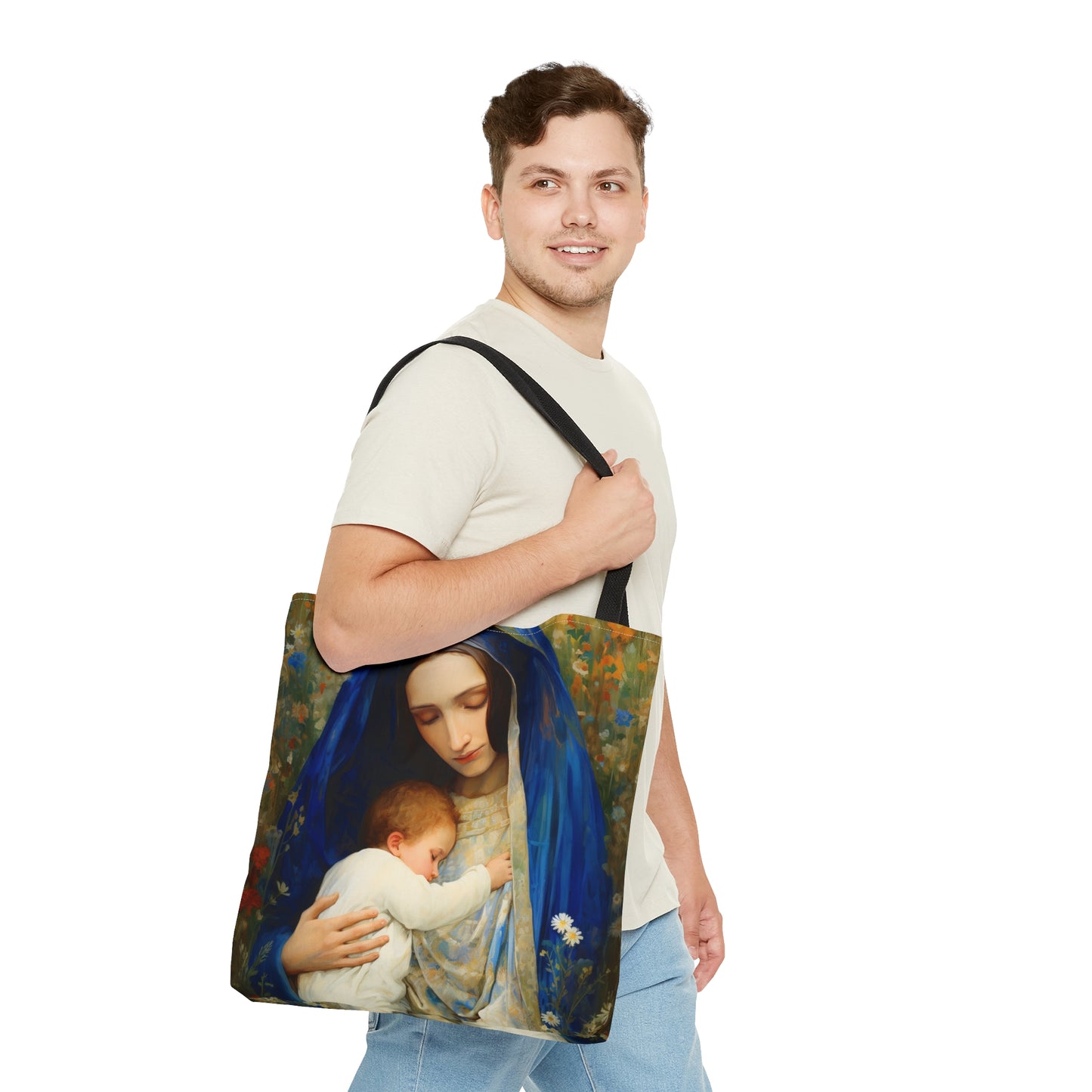 The Eternal Mother Mary and the Infant Jesus Tote Bag - Catholic faith inspired carry-all purse - day to day bag - Double Sided