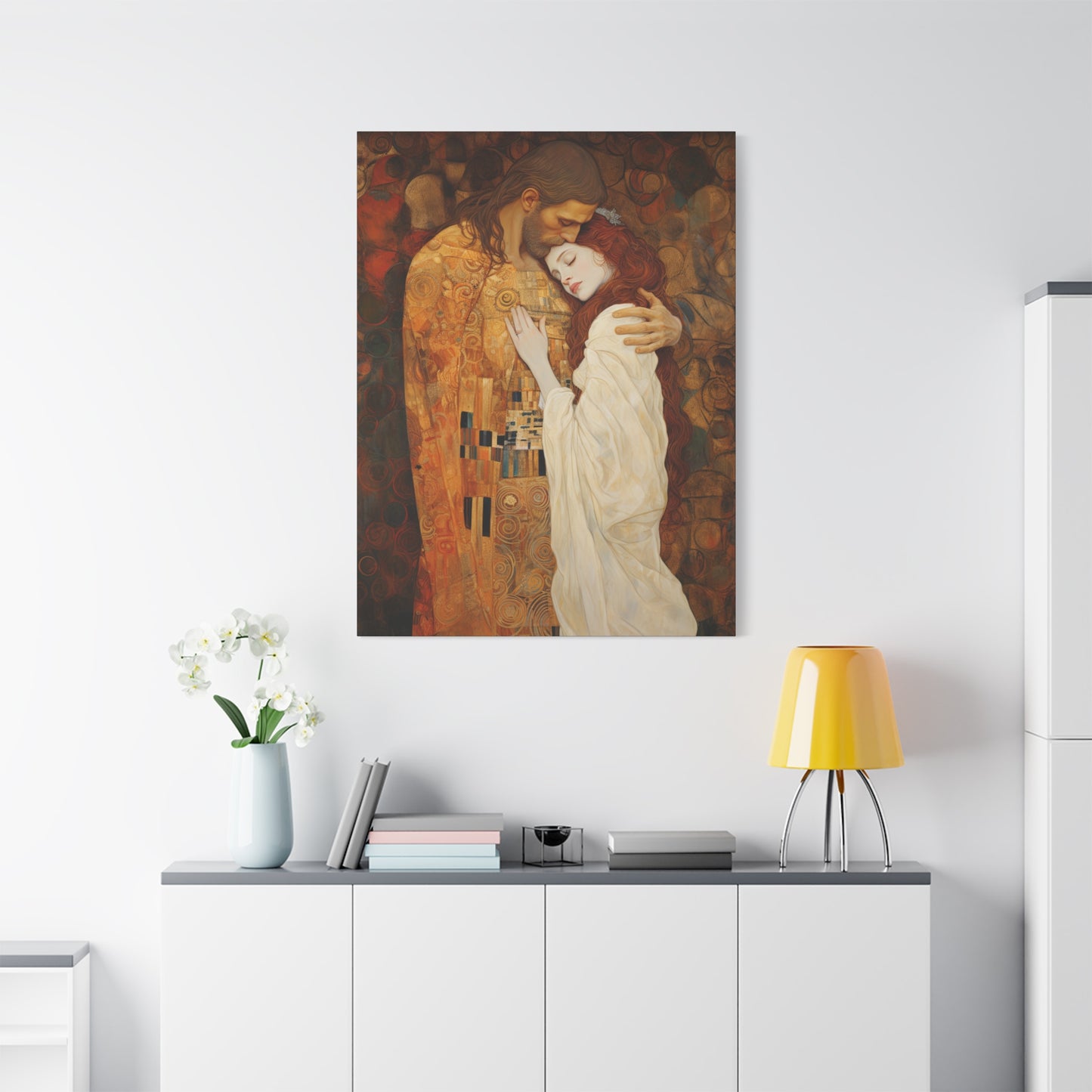 Transcendent Devotion: Christ Embracing Mary Magdalene Museum Wrapped Canvas - Sanctified Souls Print - Based on Klimt's The Kiss