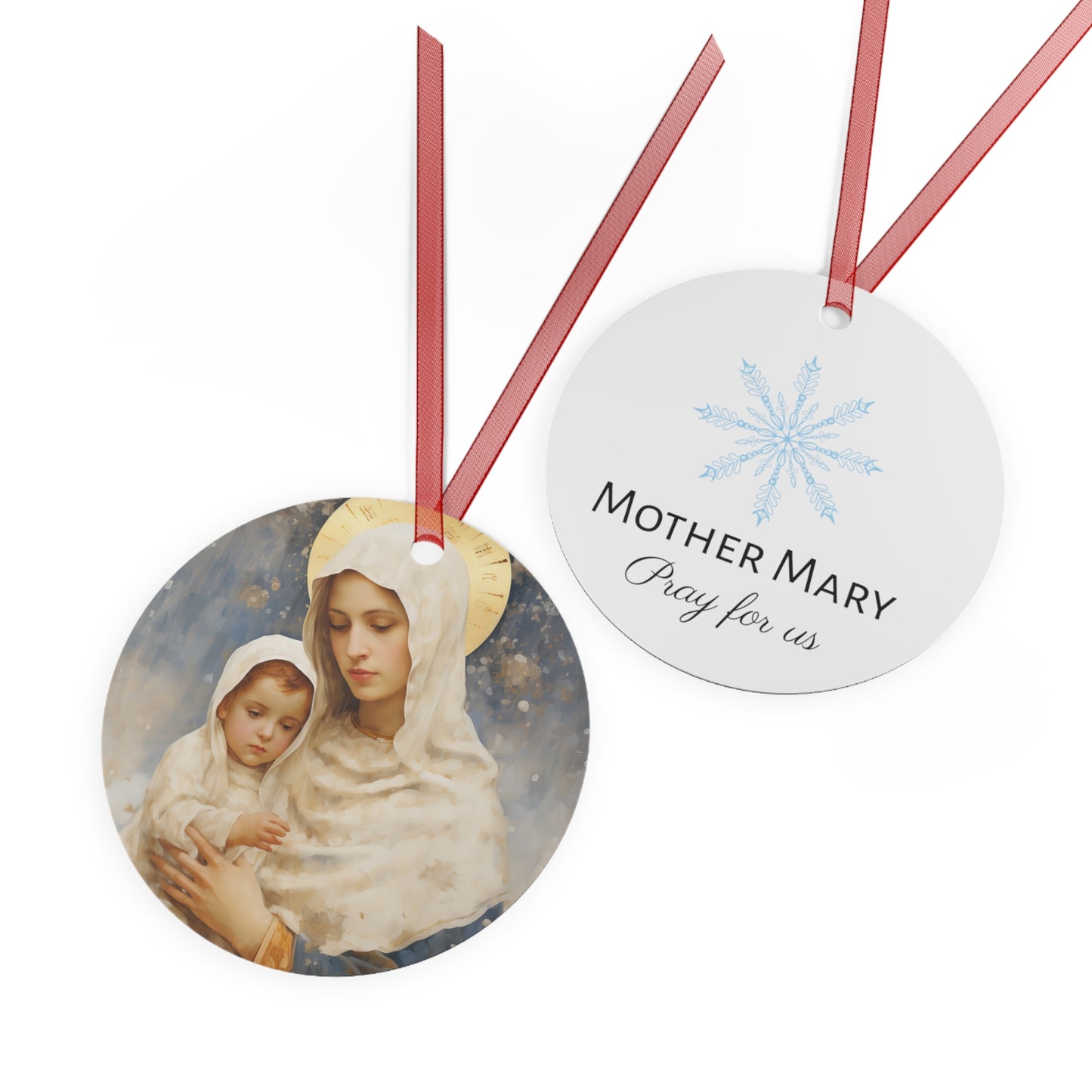 Winter's Grace : Our Lady of the Snows Metal Ornament - Religious Holiday Christmas Ornament and Keepsake - Double sided - Prayer Ornament