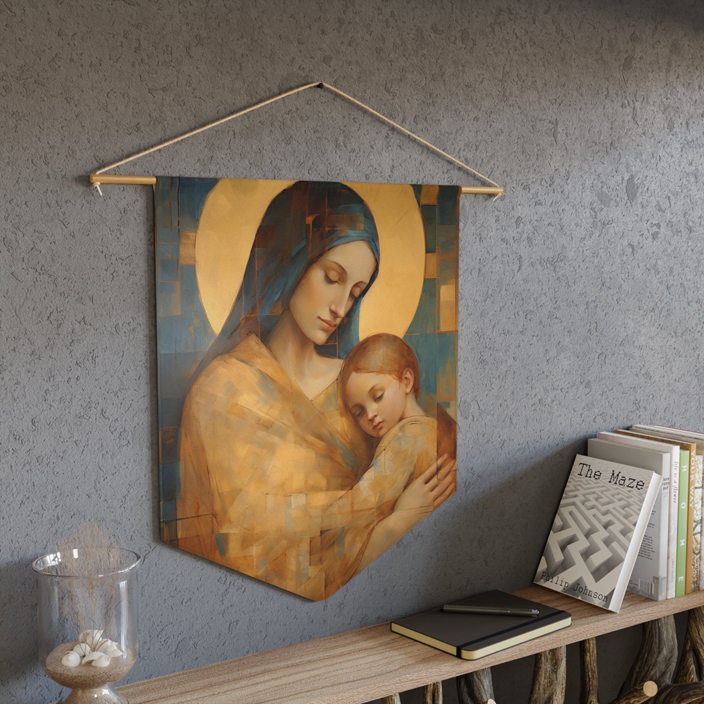 Heavenly Connection - Mary and the Divine Son Banner / Wall Hanging - Prayer room art - Catholic Home Art - Large Print - 18" x 21"