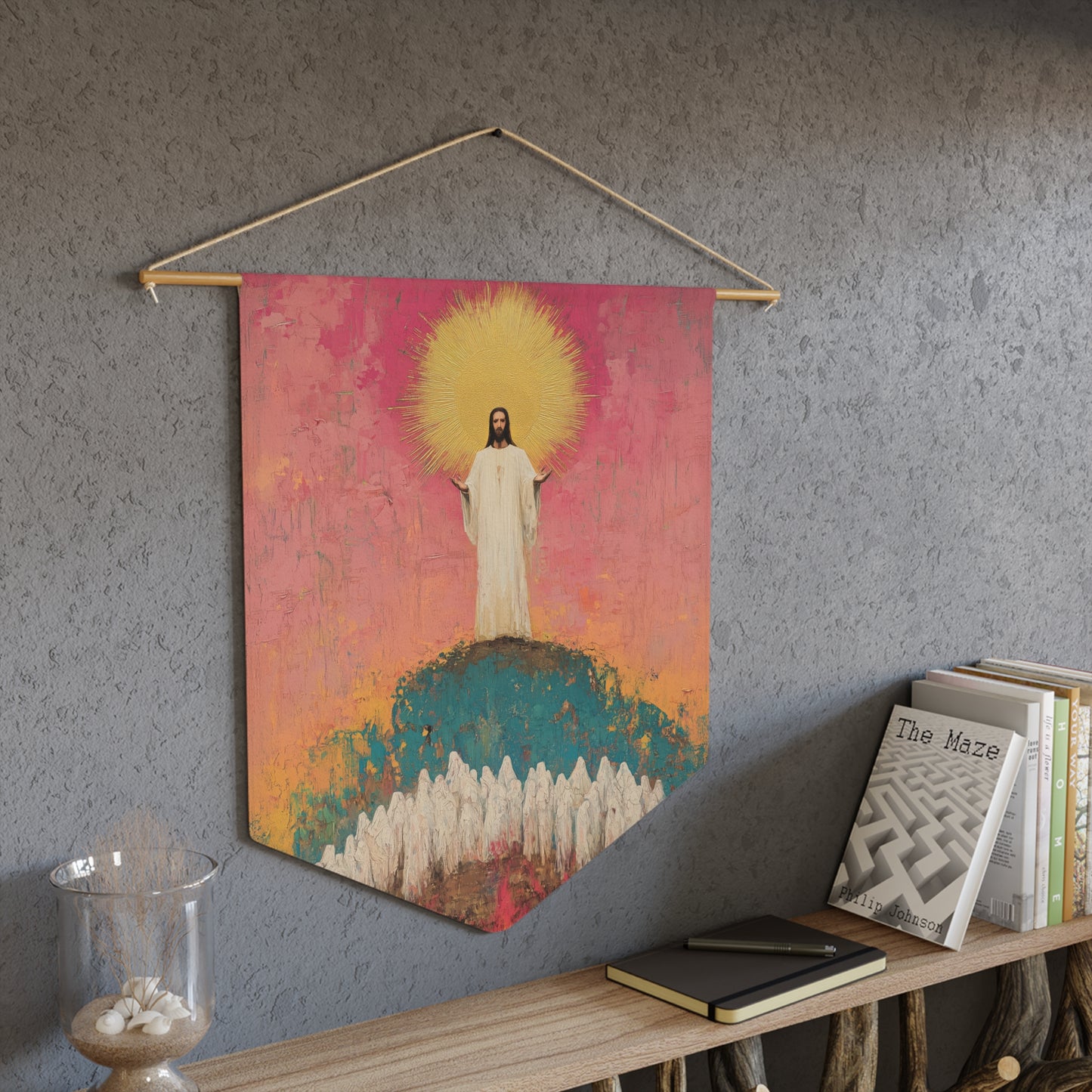 Light Pierced the Abyss Pennant / Banner / Wall Hanging - Prayer room art - Catholic Home - 18" x 21"