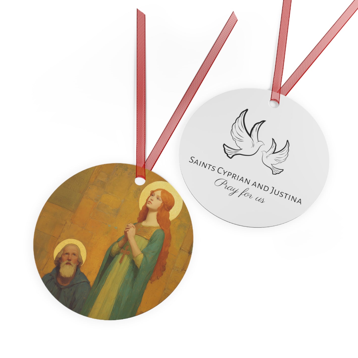 Saints Cyprian and Justina Metal Ornament - Religious Holiday Christmas Ornament and Keepsake - Prayer Ornament - Catholic Gift