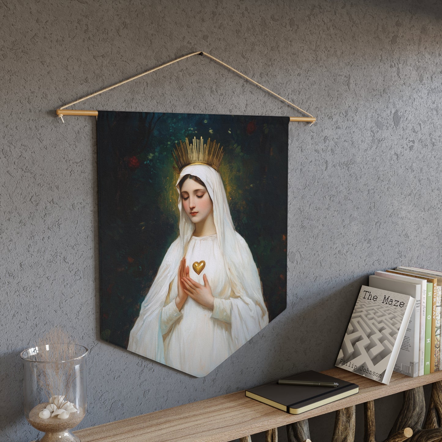 Our Lady of Beauraing - Our Lady of the Golden Heart - Marian Art - Pennant / Banner / Wall Hanging - Catholic Art - Large - 18" x 21"