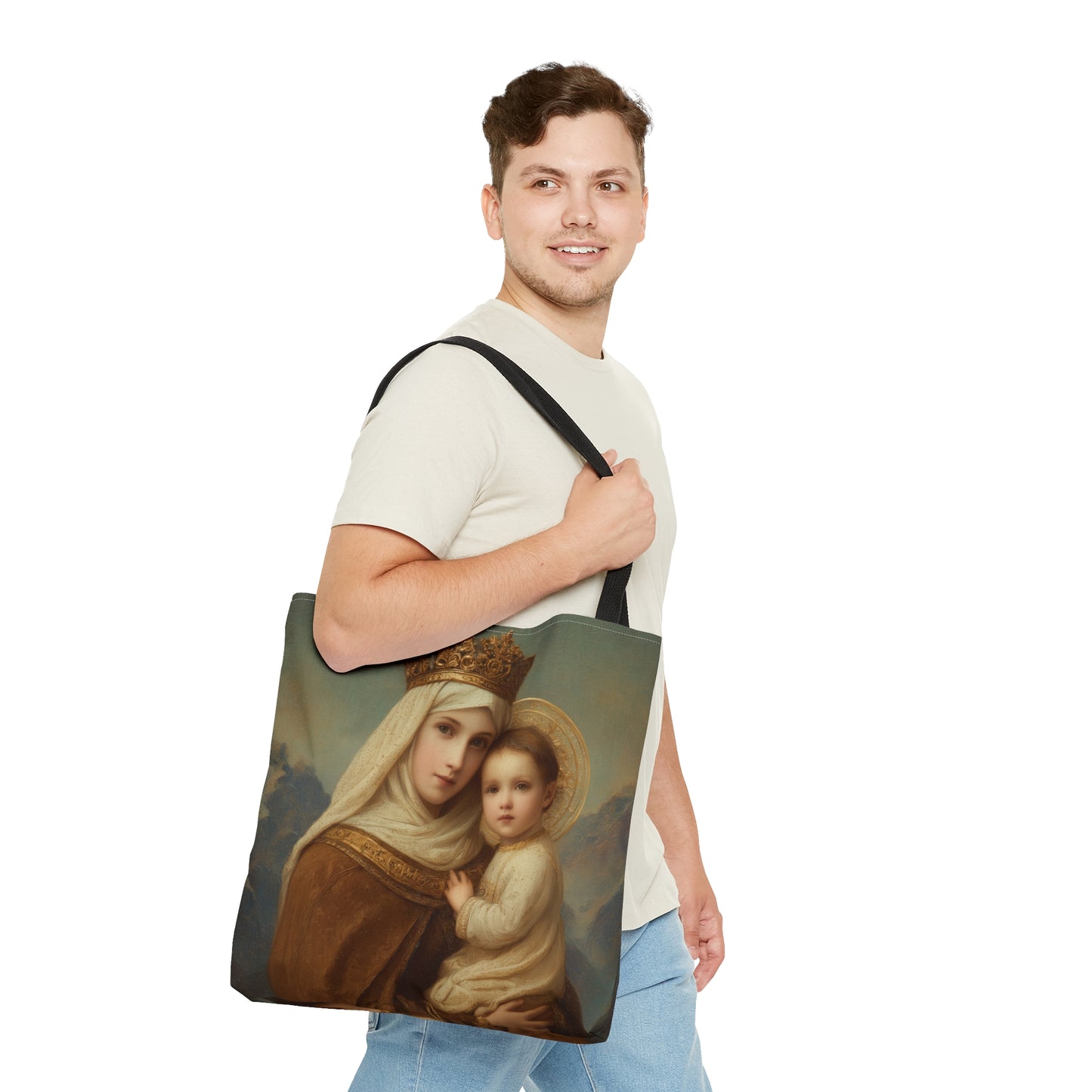 A Cord Between Heaven and Earth - Our Lady of Mount Carmel Tote Bag - Large Medium Small Faith Art Bag - Catholic Faith Purse - Double Sided