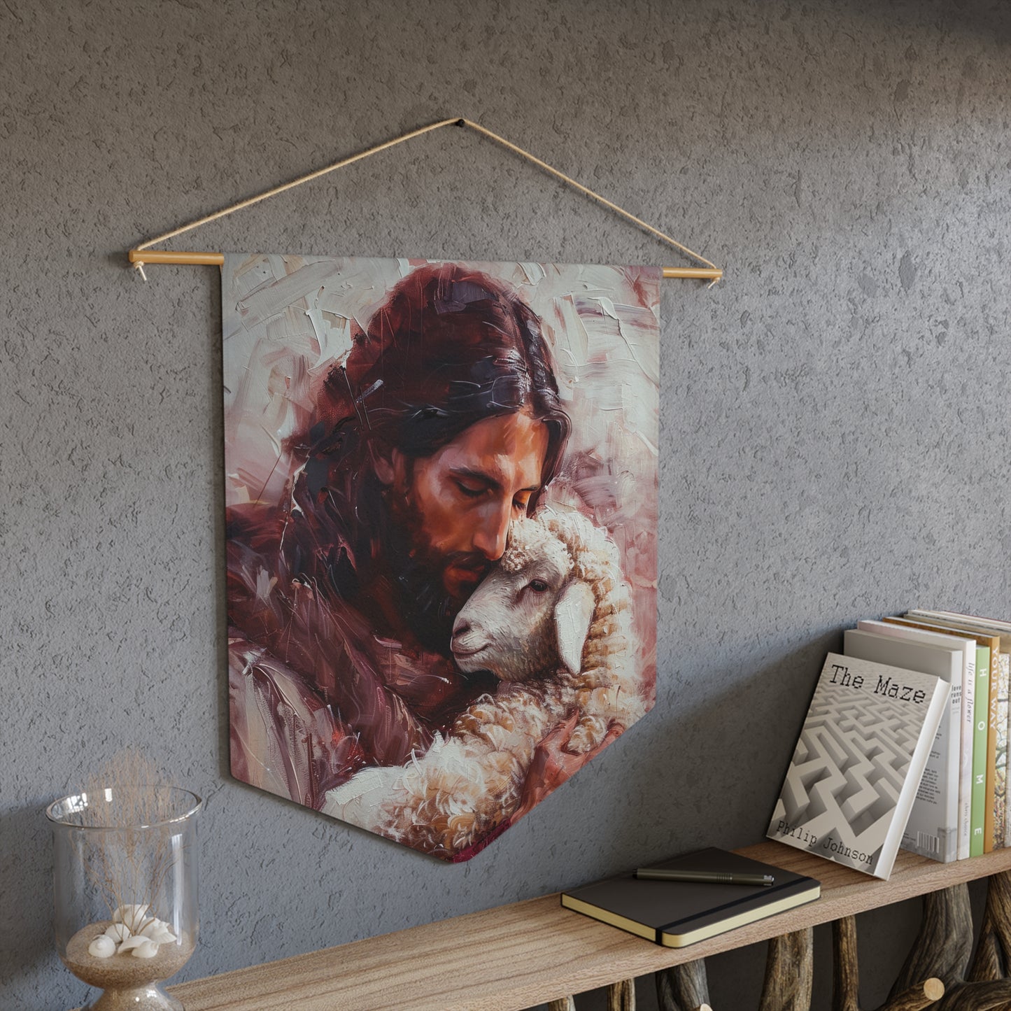 Jesus and the Little Lamb Pennant / Banner / Wall Hanging - Prayer room art - 18" x 21" - Catholic Gift - Religious Painting