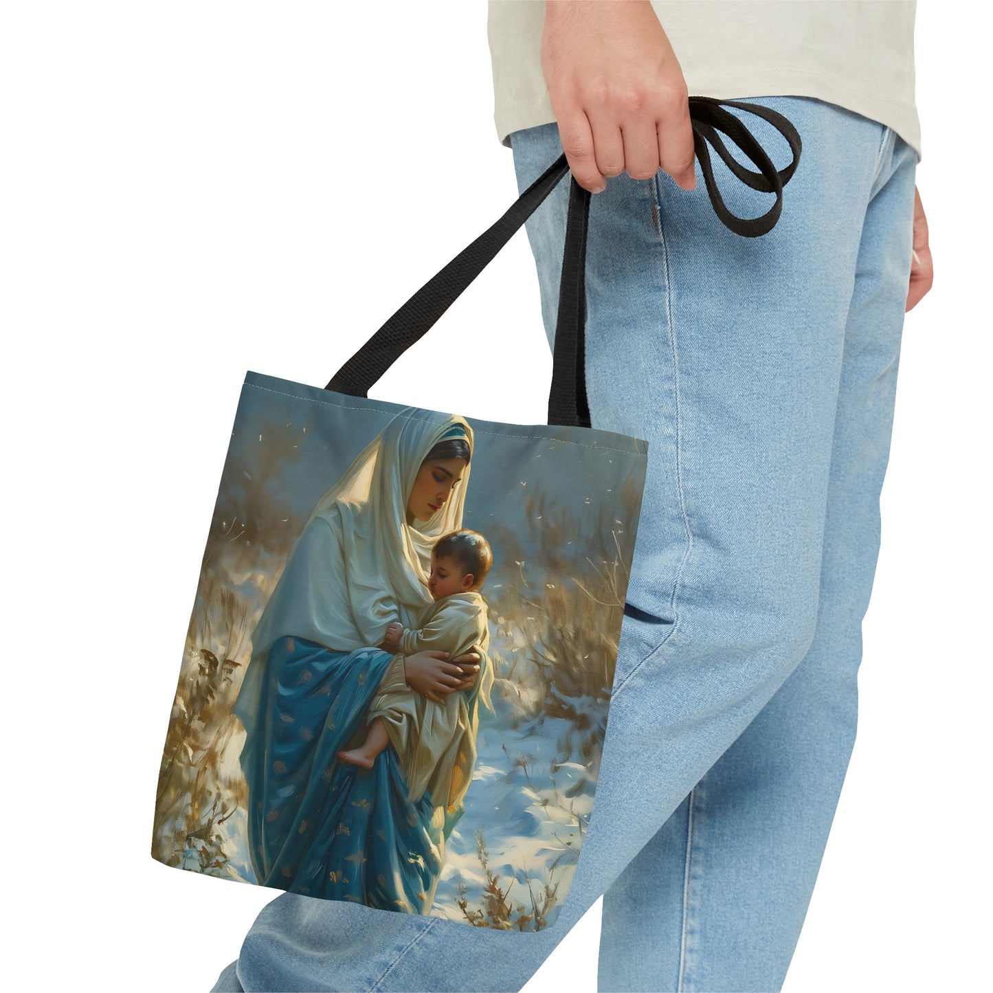 Snowfall of Grace - Our Lady's Winter Radiance - Our Lady of the Snows Tote Bag - Large Medium Small Faith Art Bag