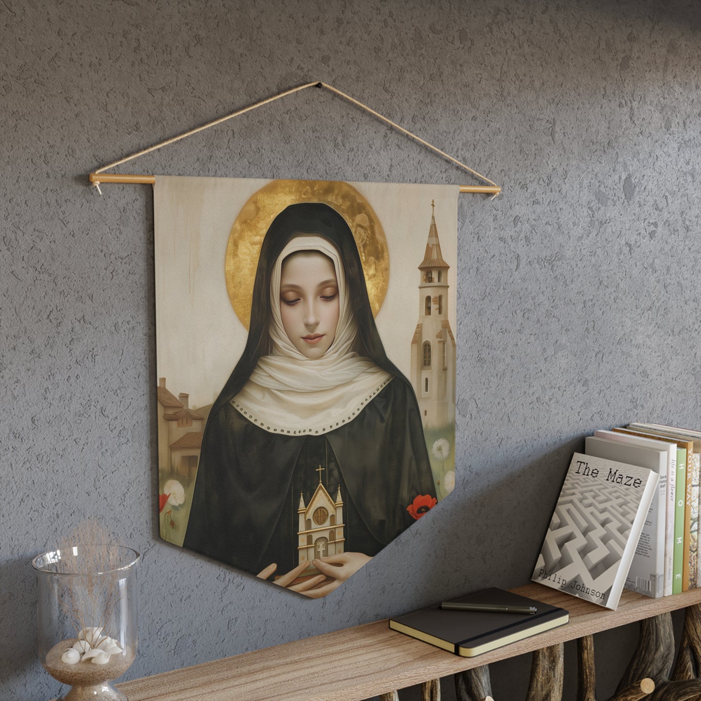 Saint Erentrude Pennant / Banner / Wall Hanging - Prayer room art - 18" x 21" - Catholic prayer Religious Christian Gift