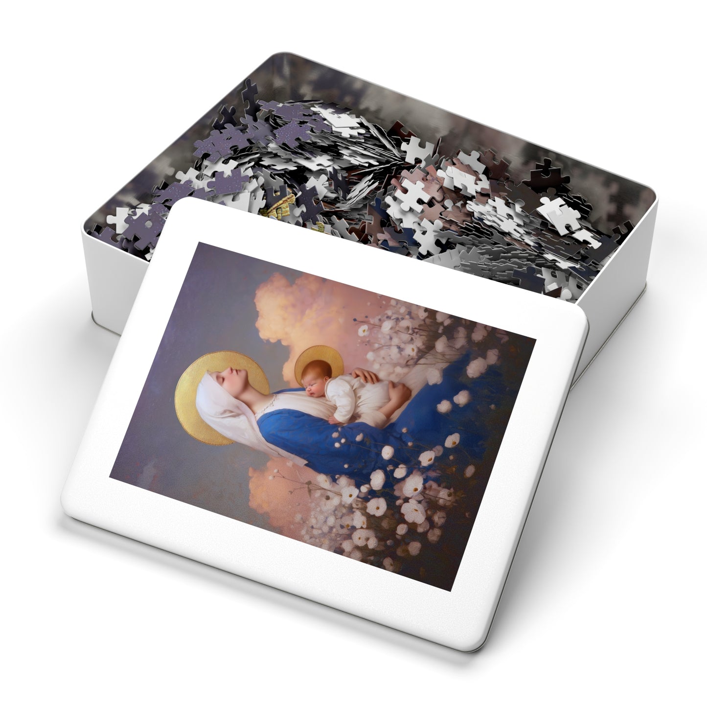 Our Lady Among the Flowers - Puzzle and Tin - Religious Jigsaw Puzzle (30, 110, 252, 500,1000) - Gift Catholic Families - Catholic Christmas