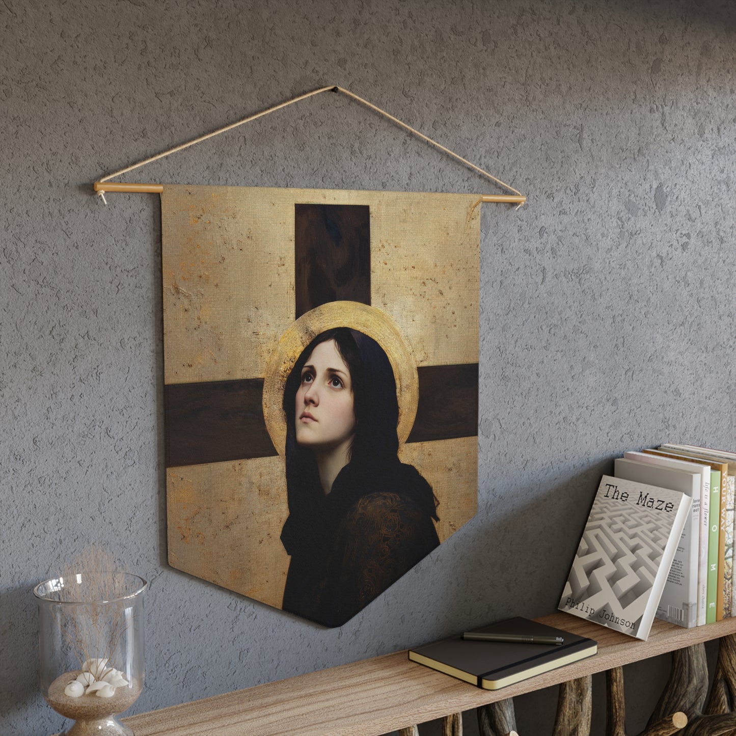 Our Lady of the Cross - Mother Mary - Our Lady of the Crucifix - Marian Art - Pennant / Banner / Hanging - Catholic - Large - 18" x 21"