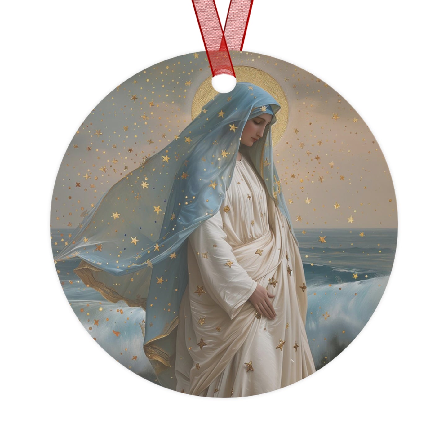 Ocean's Embrace - Devotion to Our Lady Metal Ornament - Religious Holiday Christmas Ornament - Double sided - Our Lady Star of the Sea