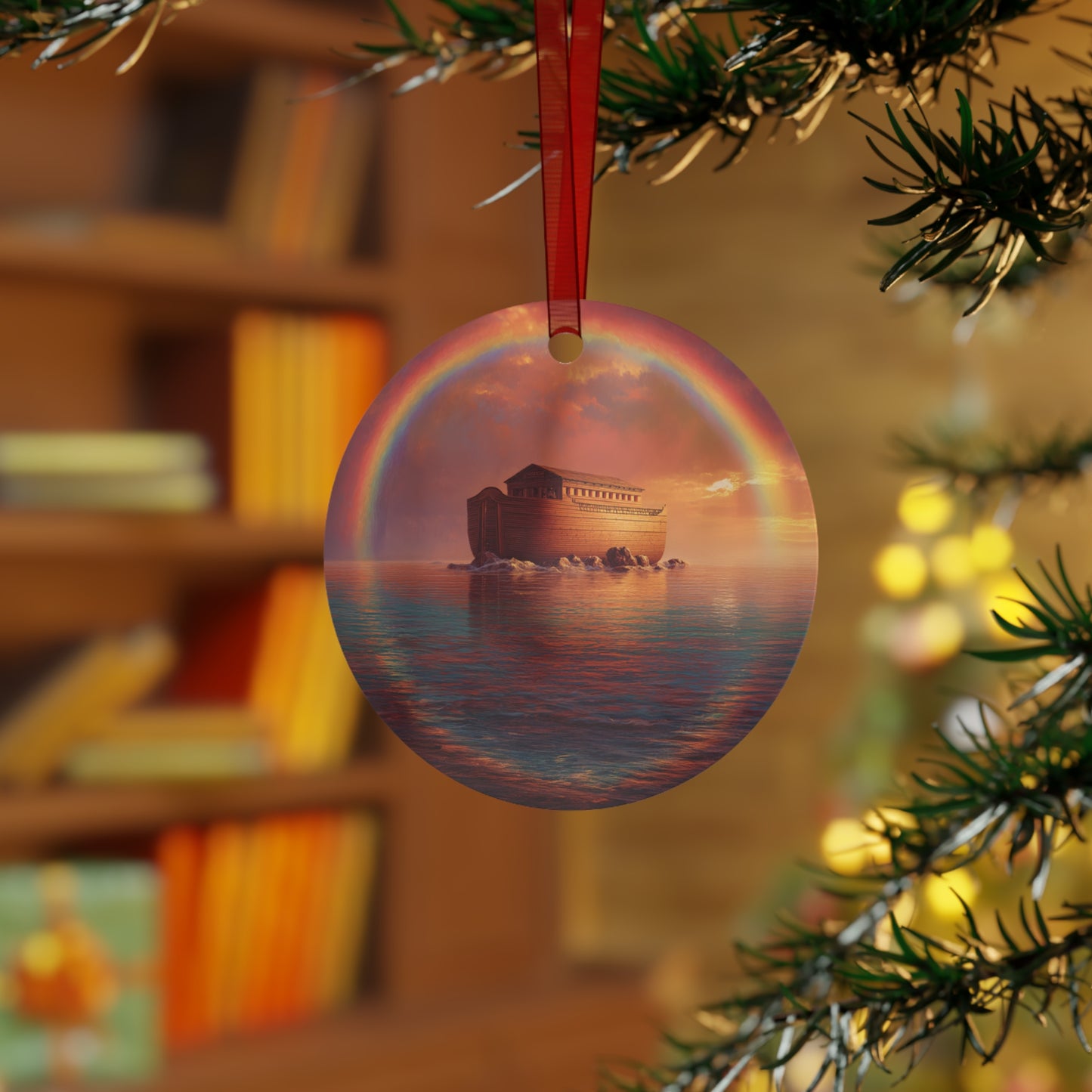 Sheltered Beneath the Covenant Sky - Noah's Ark Metal Ornament - Religious Holiday Christmas Ornament and Keepsake - Double sided