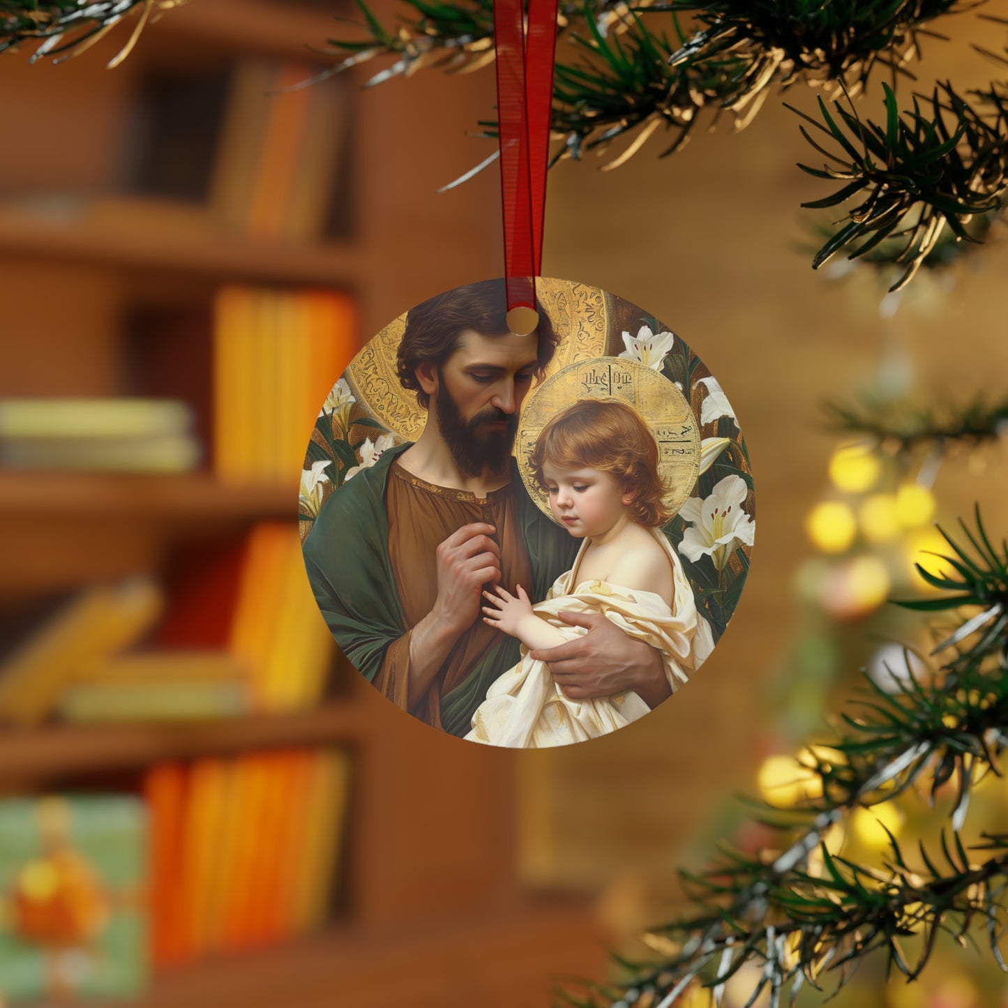 Saint Joseph and the Christ Child Metal Ornament - Religious Holiday Christmas Ornament and Keepsake - Double sided - Prayer Ornament