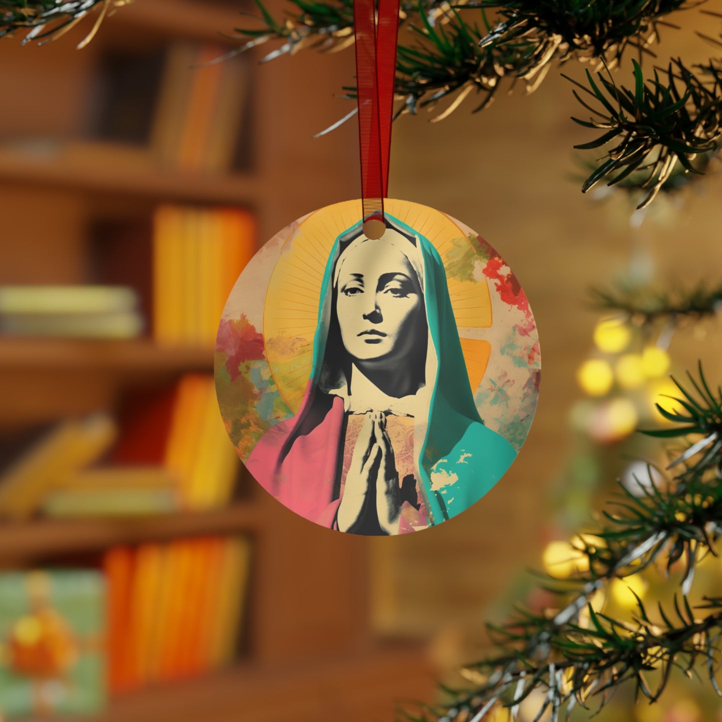 Mary the Blessed Virgin Metal Ornament - Religious Holiday Christmas Ornament and Keepsake - Double sided - Prayer Ornament