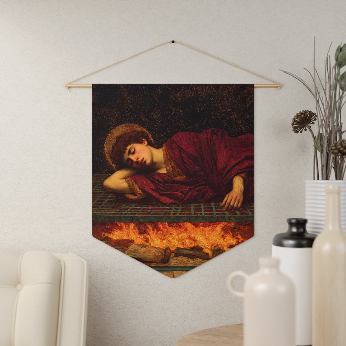 Saint Lawrence Pennant / Banner / Wall Hanging - Prayer room art - 18" x 21" - Catholic - Large Banner