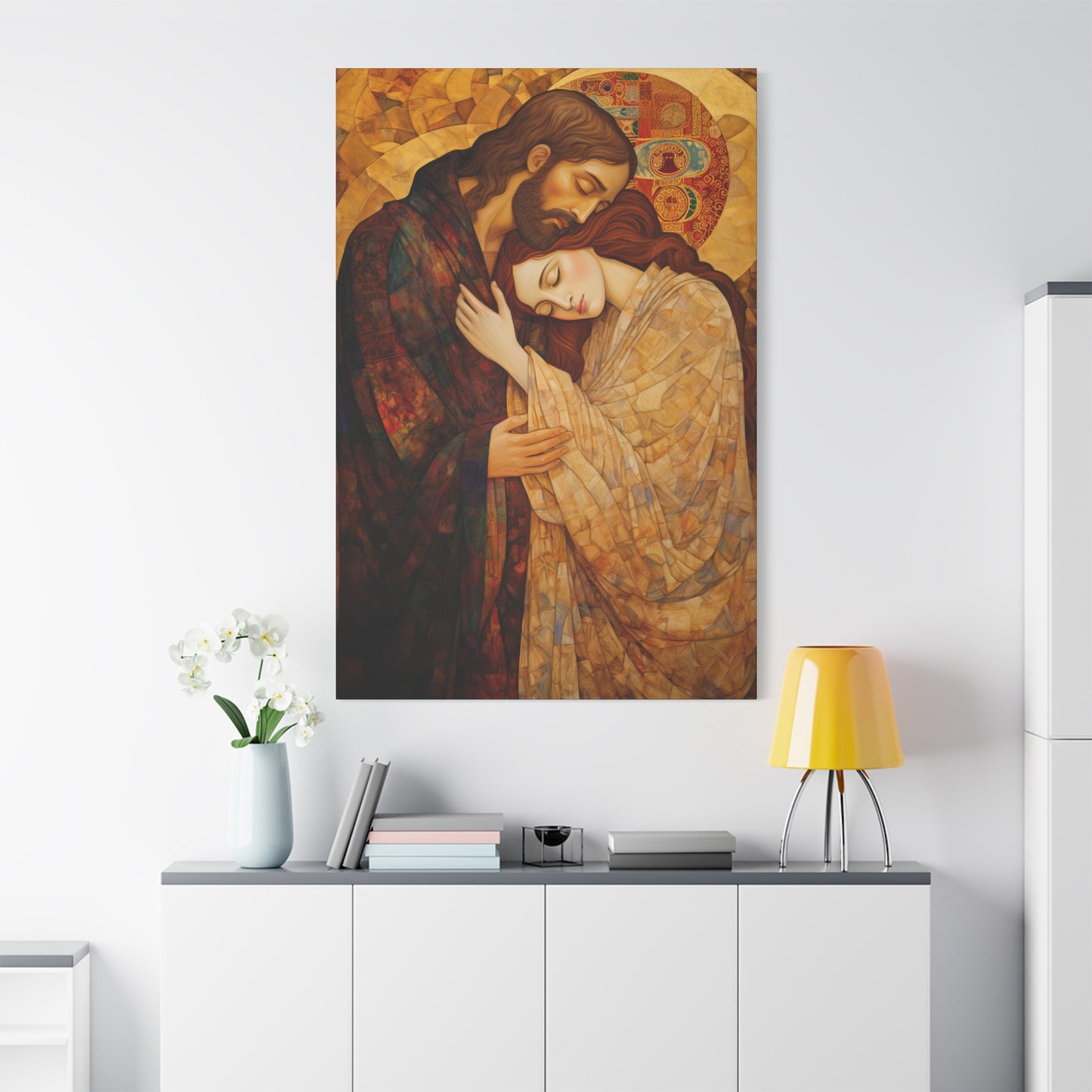 Healing Love- The Embrace of Christ and Mary Magdalene Museum Wrapped Canvas - Sanctified Souls Print -Based on Klimt's The Kiss