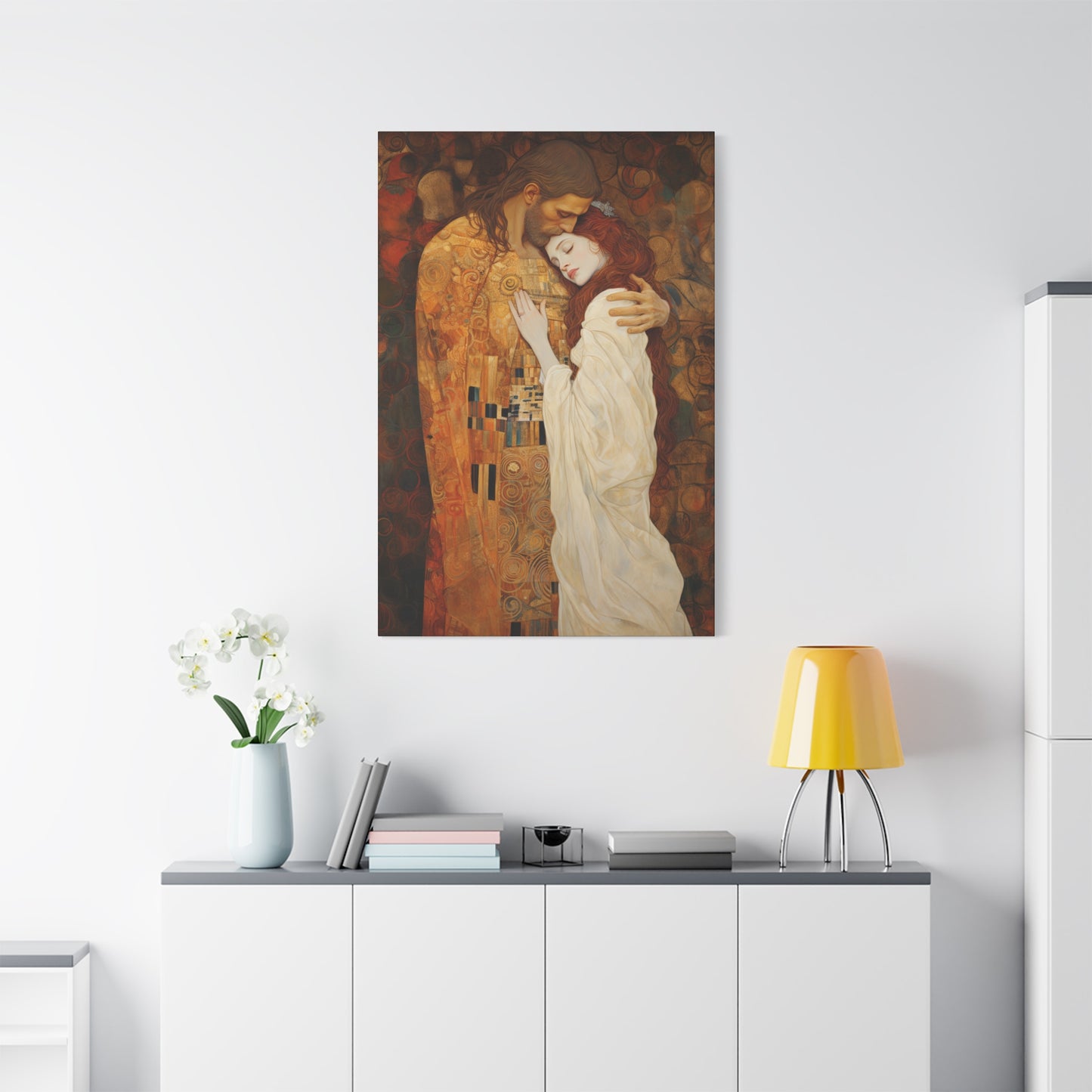 Transcendent Devotion: Christ Embracing Mary Magdalene Museum Wrapped Canvas - Sanctified Souls Print - Based on Klimt's The Kiss