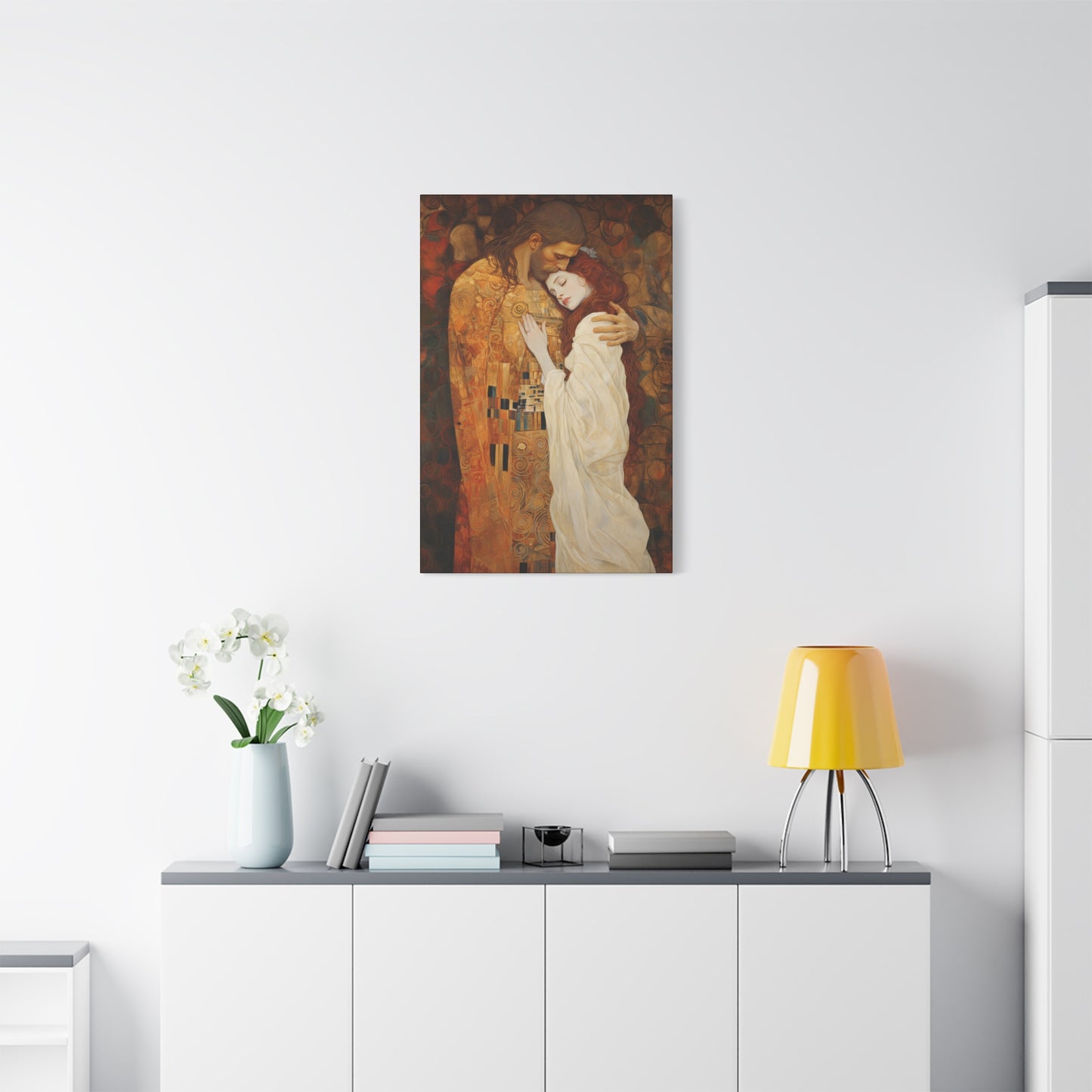 Transcendent Devotion: Christ Embracing Mary Magdalene Museum Wrapped Canvas - Sanctified Souls Print - Based on Klimt's The Kiss